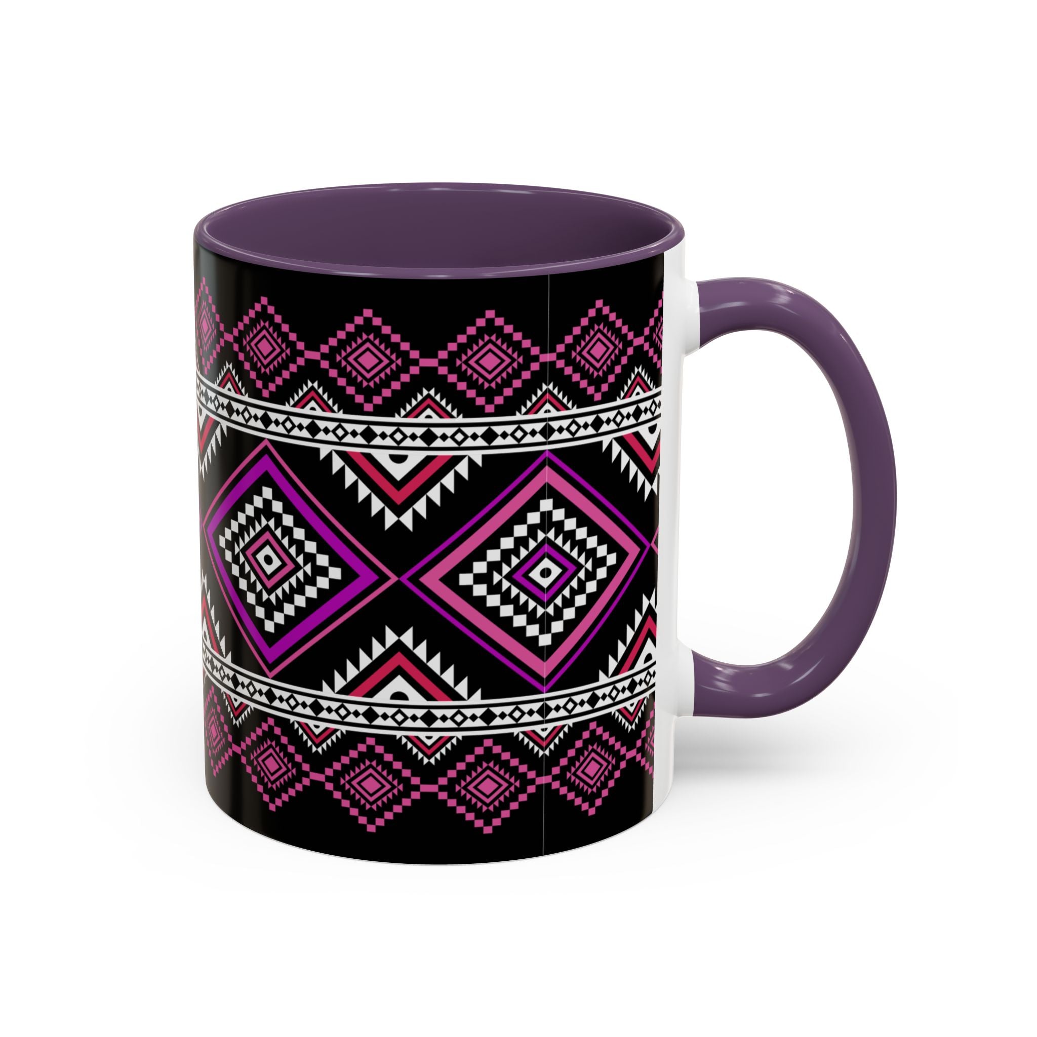 Geometric Aztec Accent Coffee Mug — Pink & Black Tribal Pattern (11/15oz)