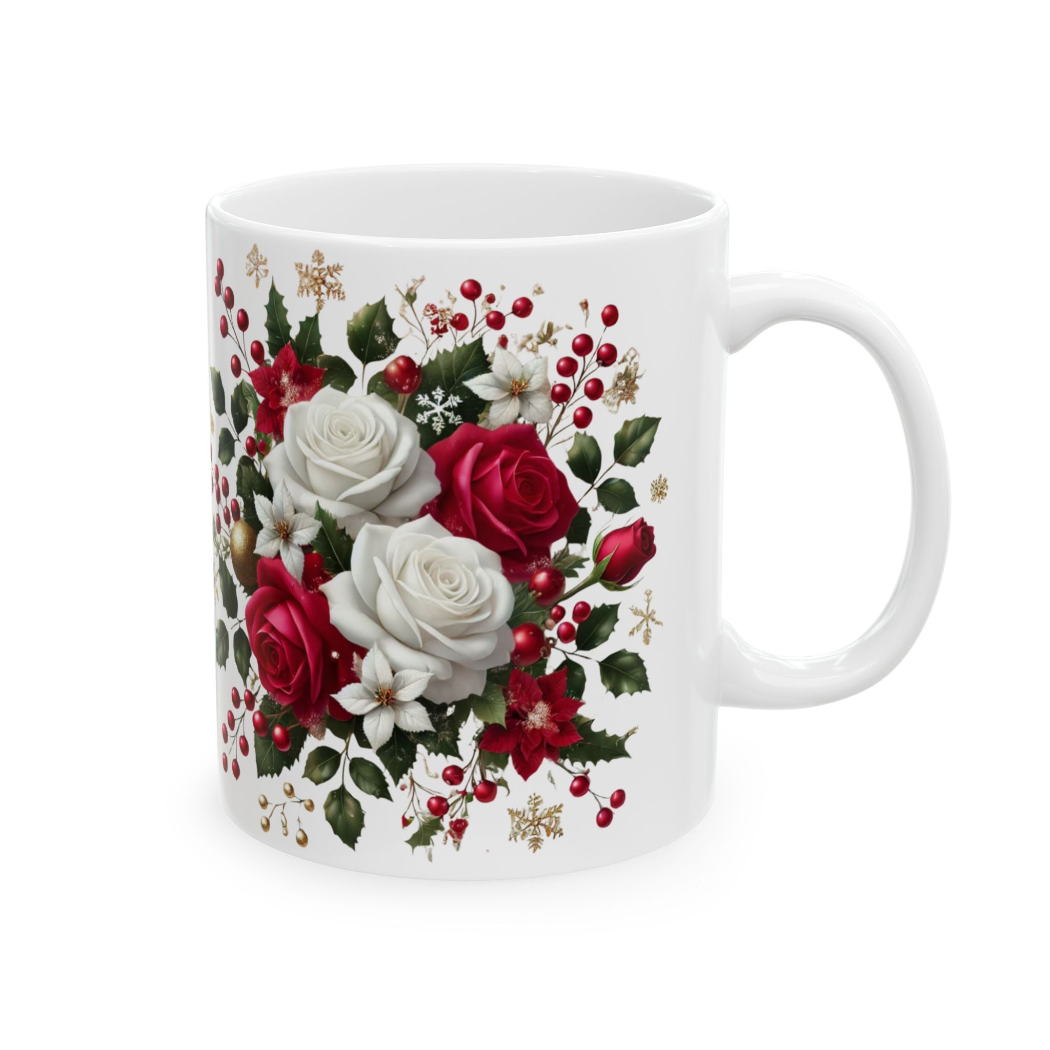 Holiday Floral Mug — Red & White Rose Christmas Coffee Cup (11oz, 15oz)