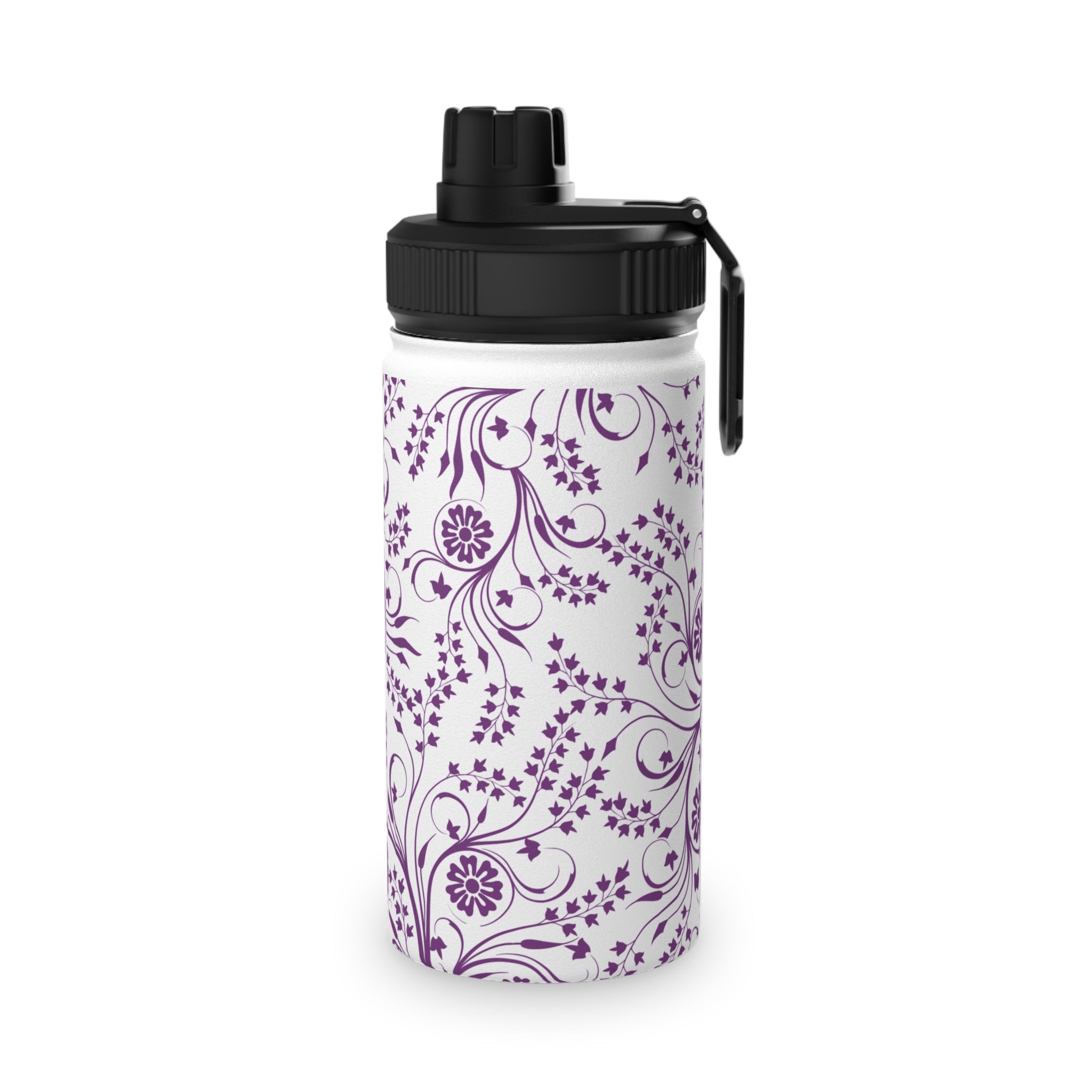 Purple Floral Swirl Stainless Steel Water Bottle with Sports Lid