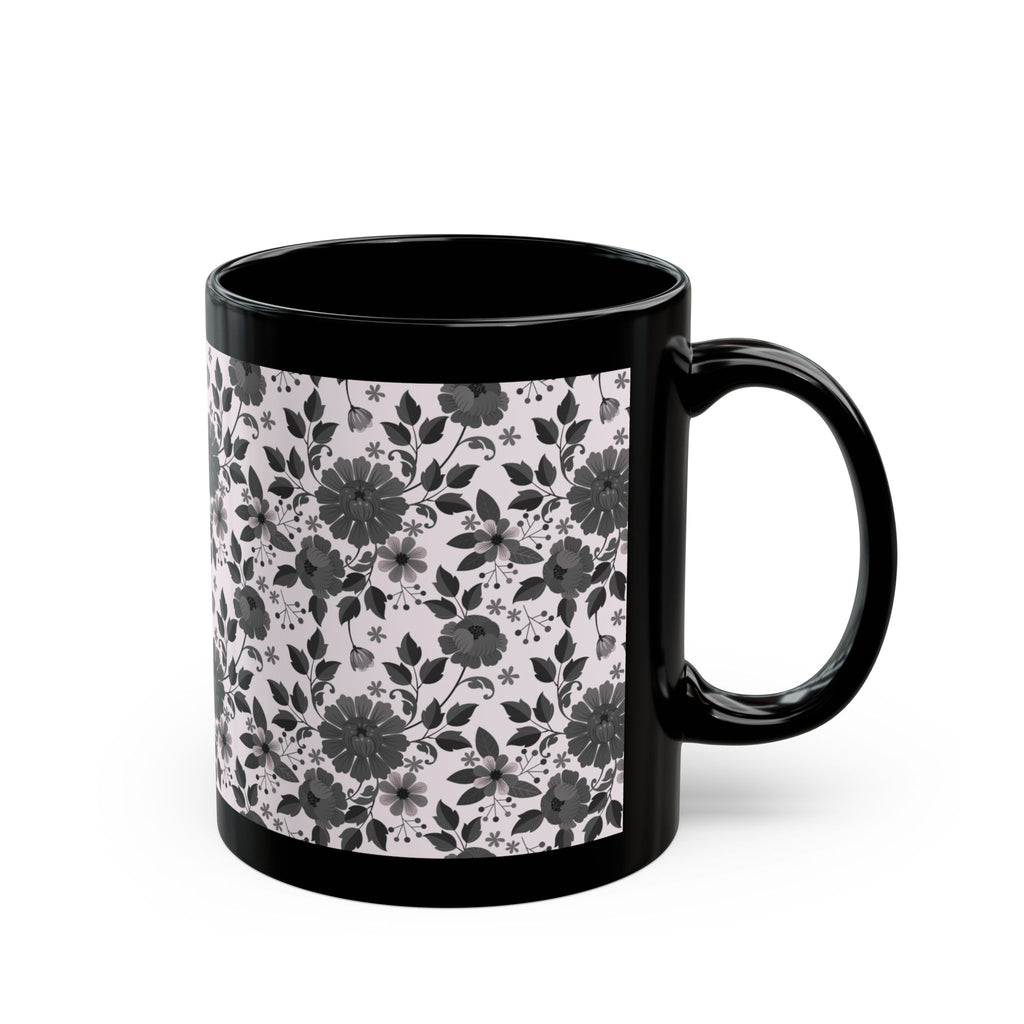 Black Floral Pattern Mug — Monochrome Vintage Flower Coffee Cup (11oz, 15oz)