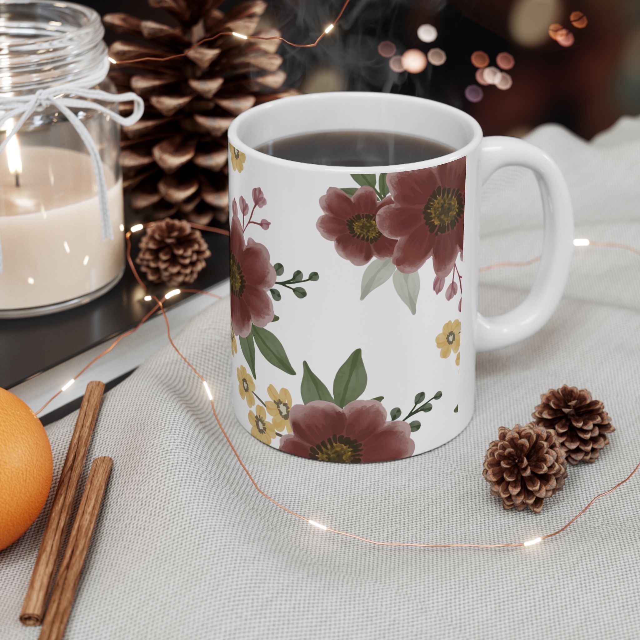 Floral Ceramic Mug – Burgundy & Mustard Wildflower Pattern (11oz & 15oz)