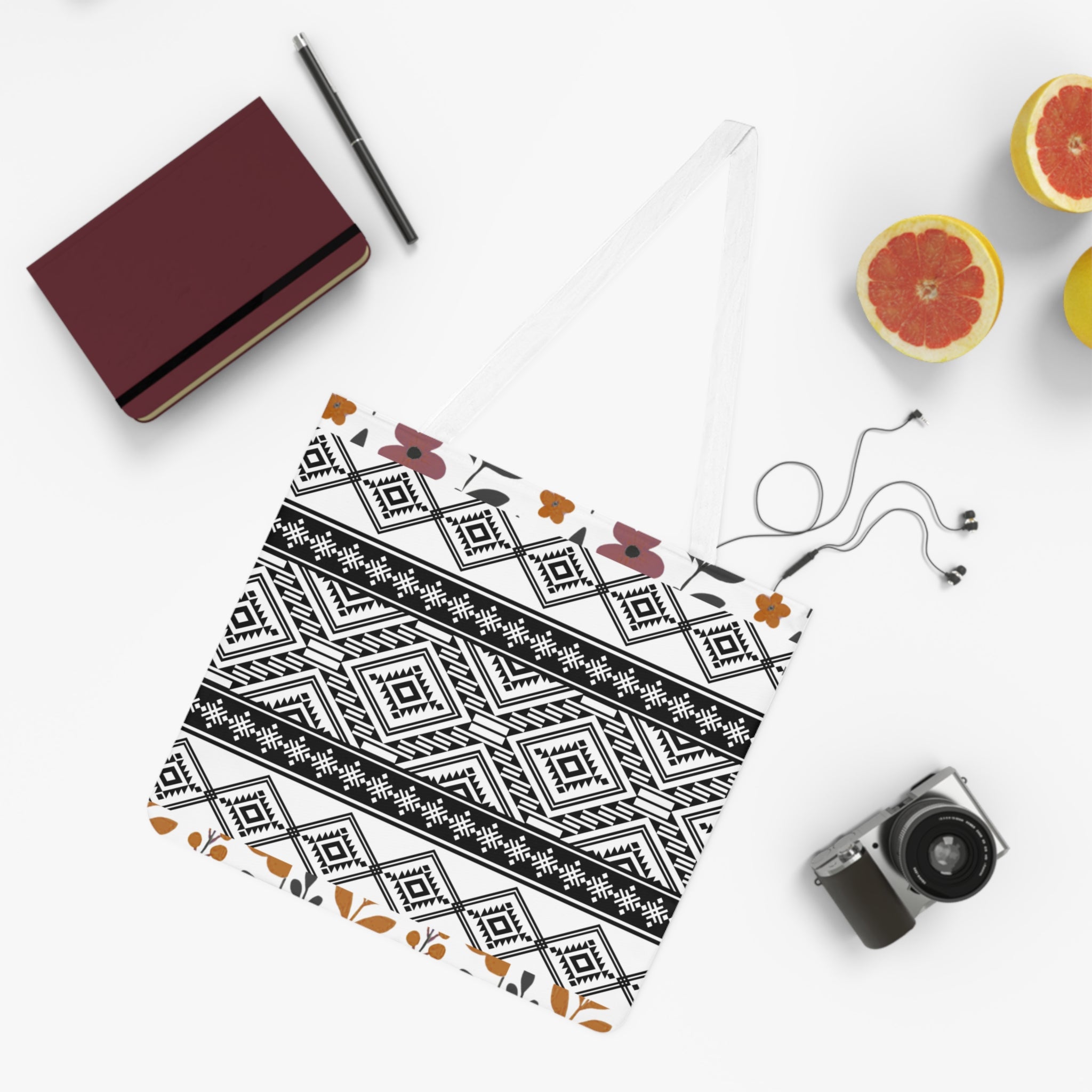 Boho Geometric Shoulder Tote - Tribal Black & White Pattern Canvas Bag
