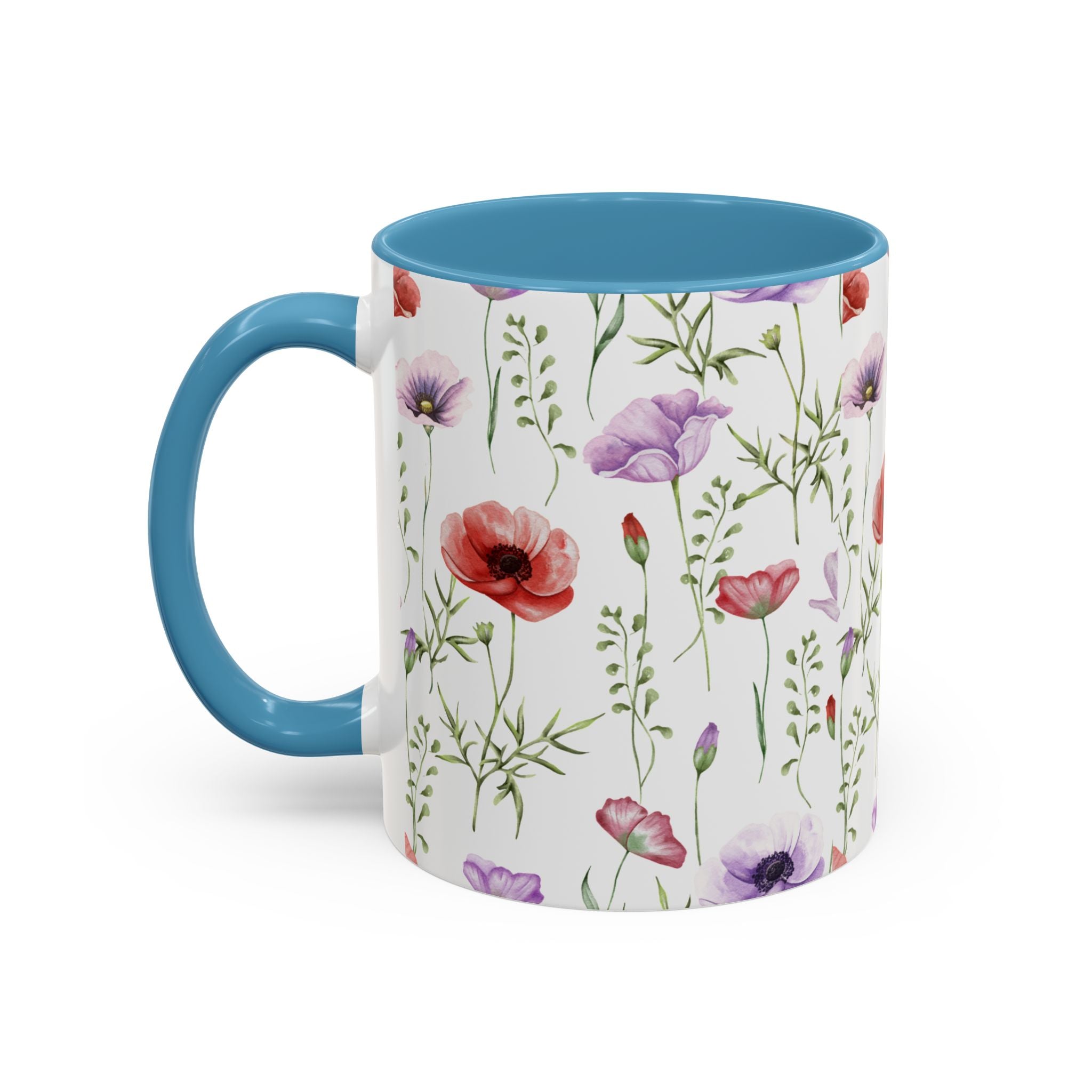 Floral Watercolor Accent Coffee Mug — Poppy & Wildflower Pattern (11/15oz)