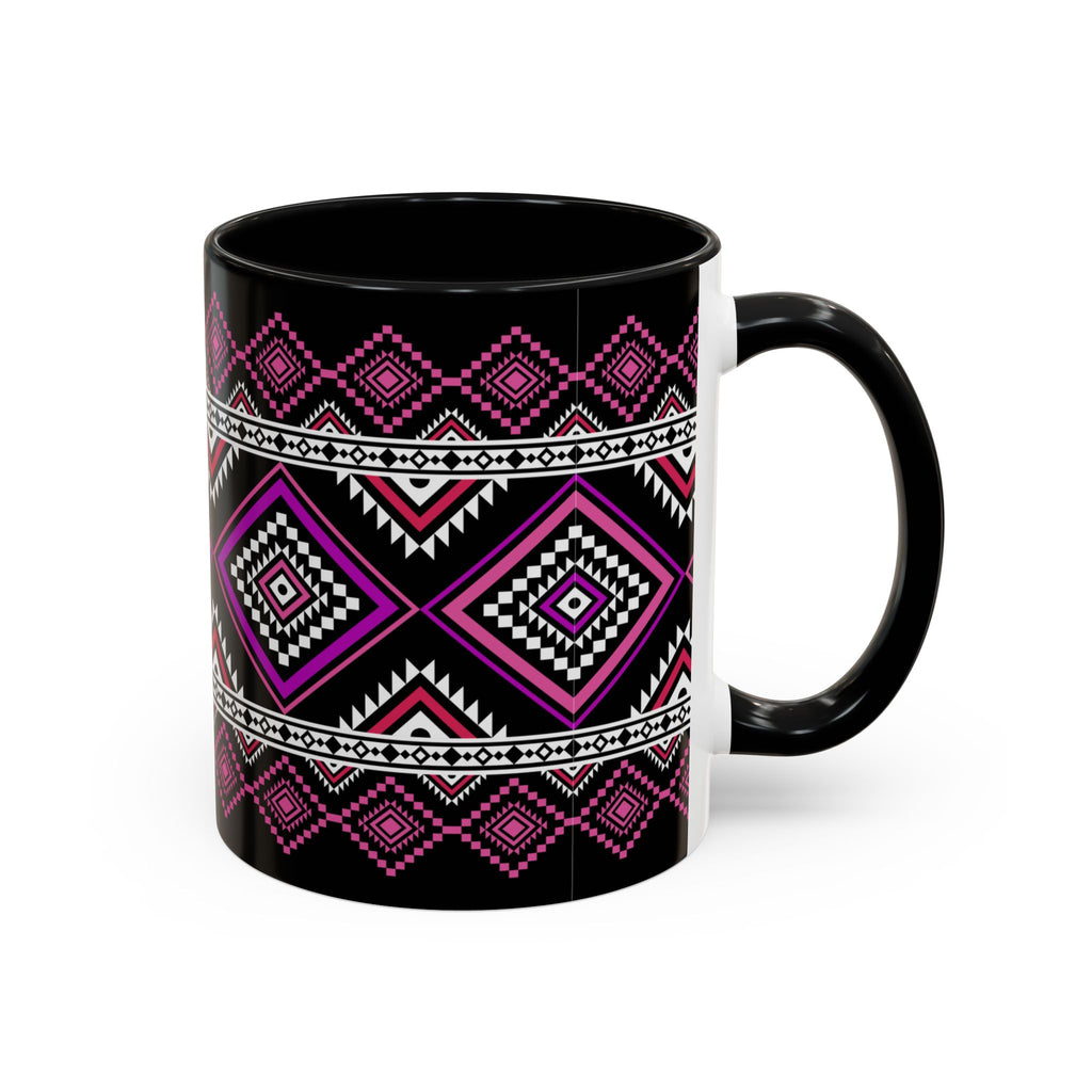 Geometric Aztec Accent Coffee Mug — Pink & Black Tribal Pattern (11/15oz)