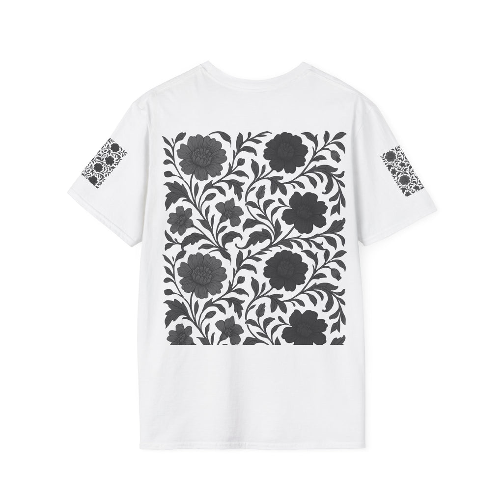 Floral Vintage Tile T‑Shirt — Black & White Botanical Pattern