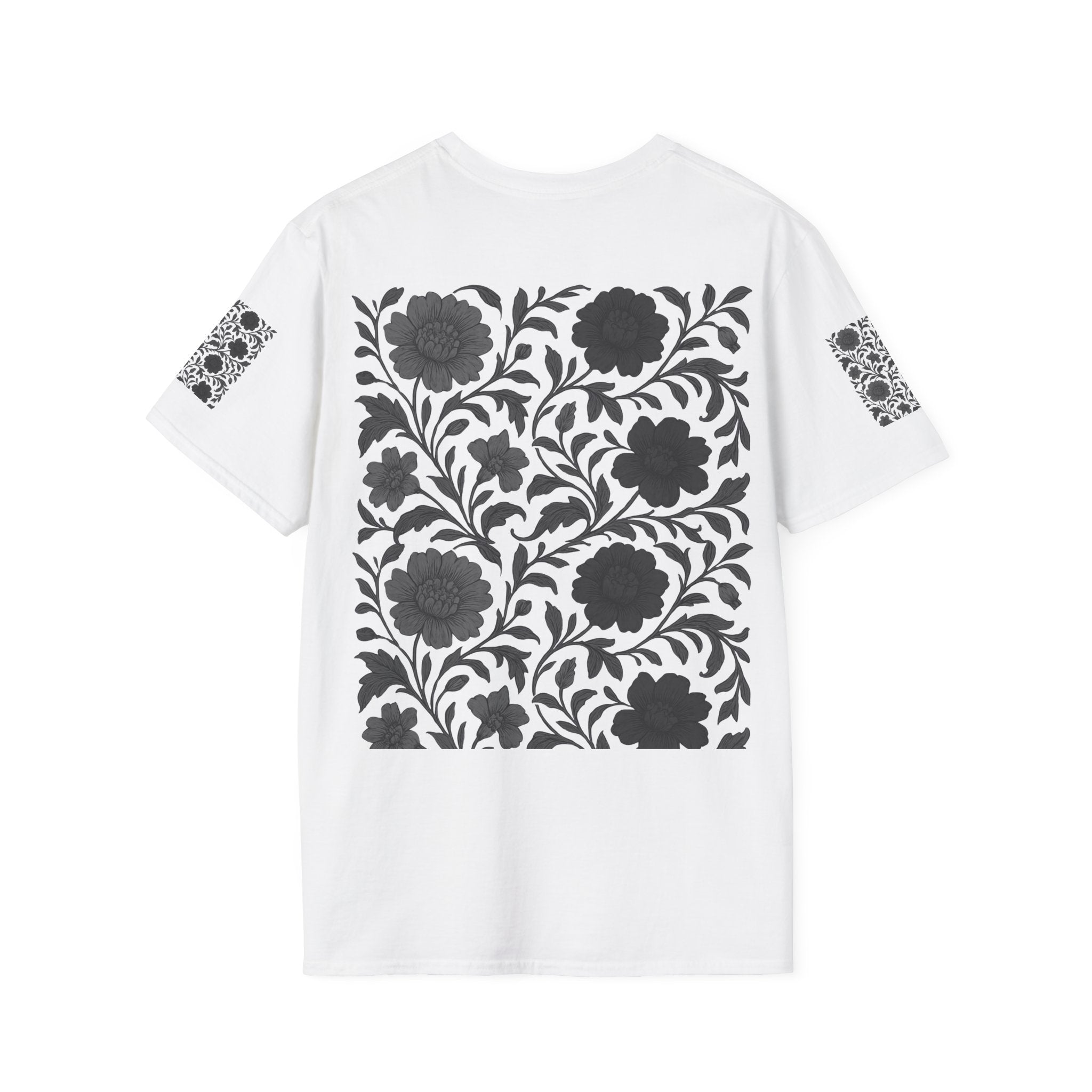 Floral Vintage Tile T‑Shirt — Black & White Botanical Pattern