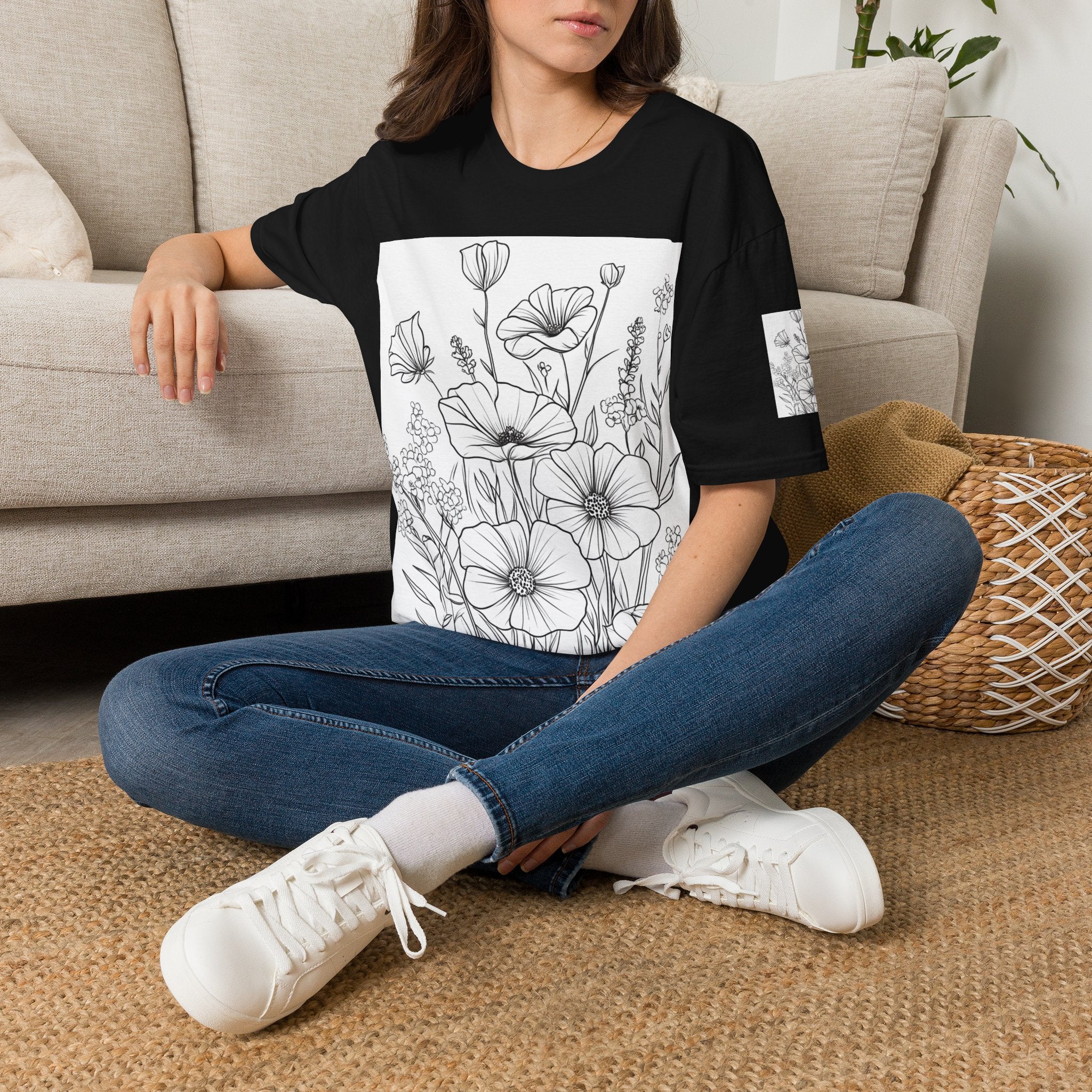 Floral Outline Tee — Black Line Poppy & Wildflower Graphic T-Shirt