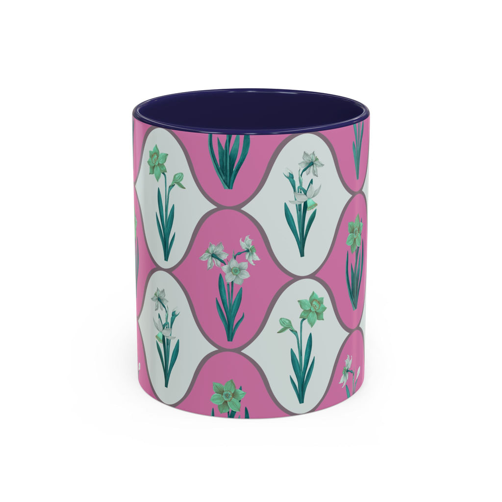 Floral Wave Accent Coffee Mug – Pink Retro Daffodil Pattern (11/15oz)