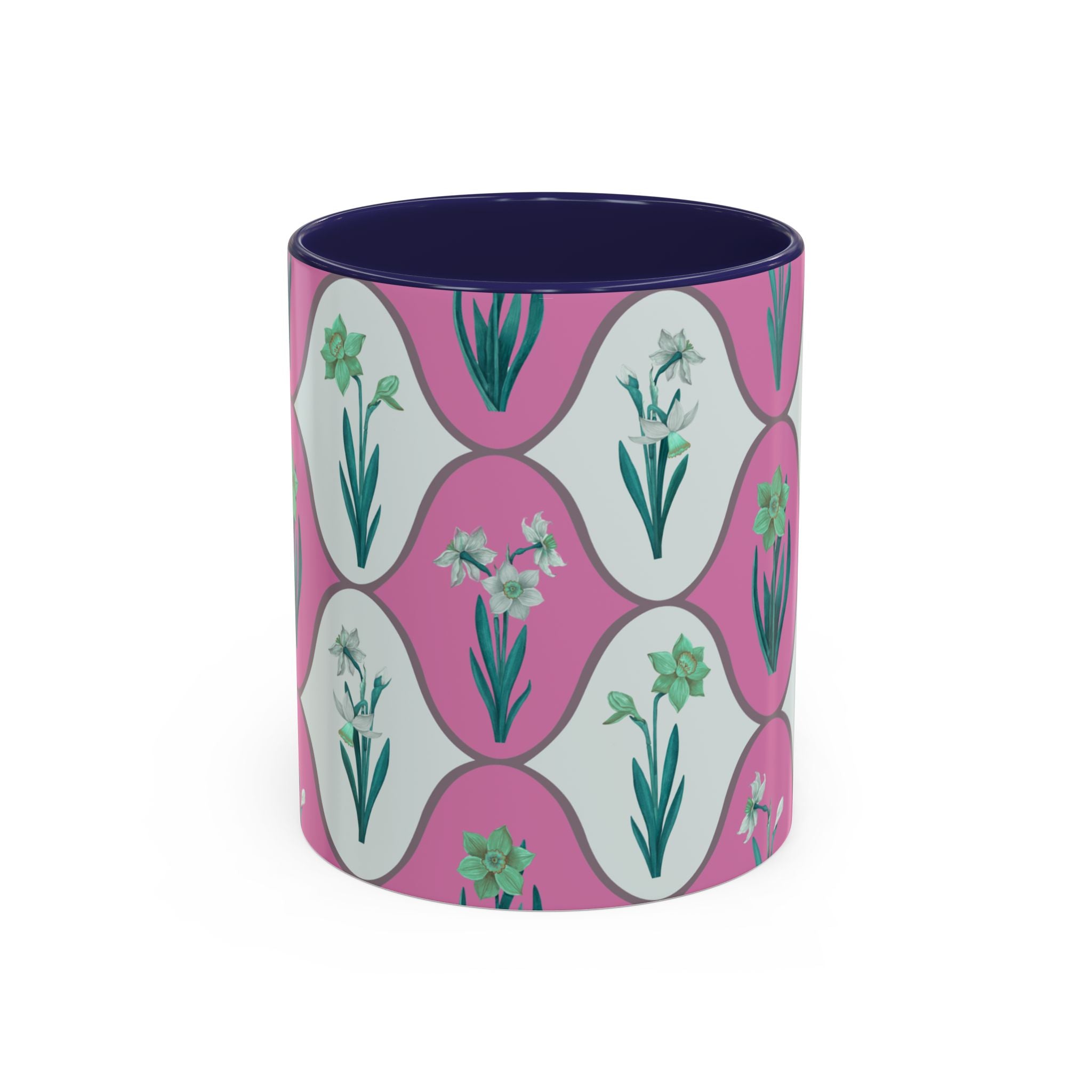 Floral Wave Accent Coffee Mug – Pink Retro Daffodil Pattern (11/15oz)