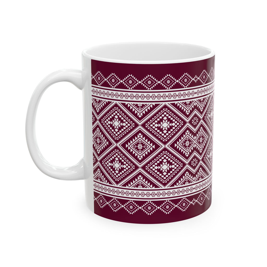 Maroon Nordic Pattern Ceramic Mug — Cozy Scandinavian Knit Design (11oz & 15oz)