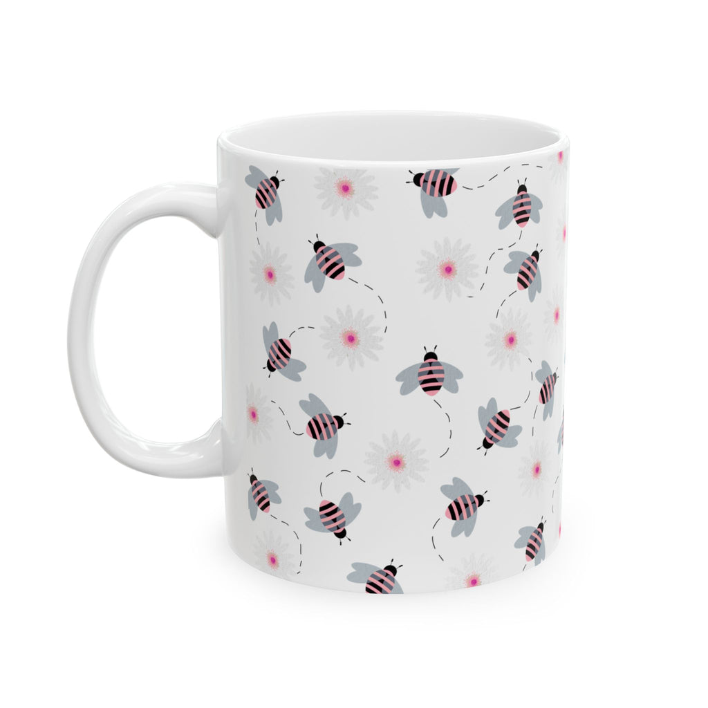 Bee Pattern Ceramic Mug — Cute Striped Bees & Pink Flower Dots, 11oz/15oz