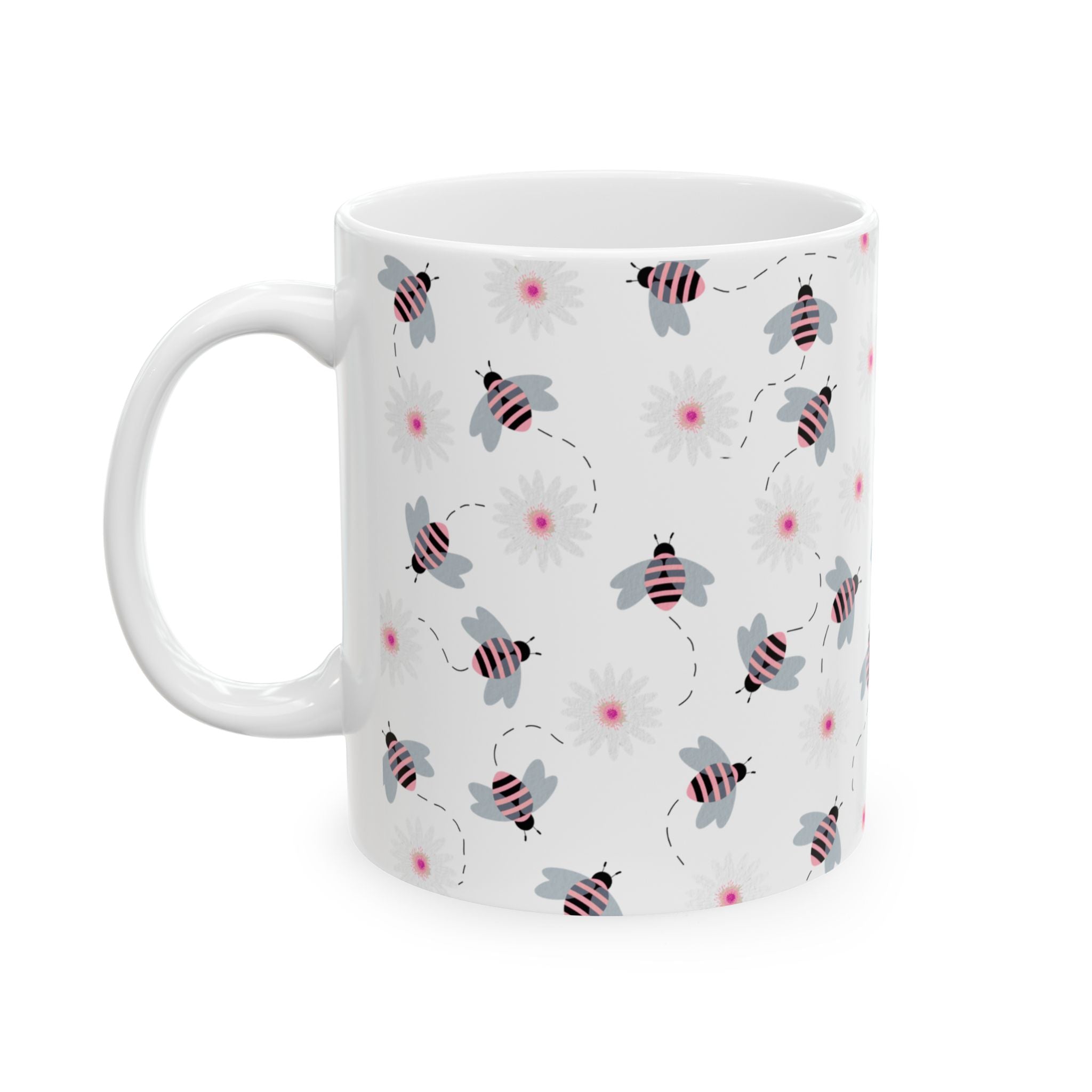 Bee Pattern Ceramic Mug — Cute Striped Bees & Pink Flower Dots, 11oz/15oz