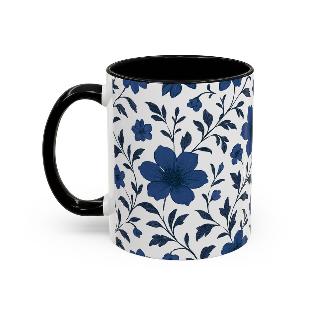 Blue Floral Accent Coffee Mug — Navy Blossom Pattern (11/15 oz)