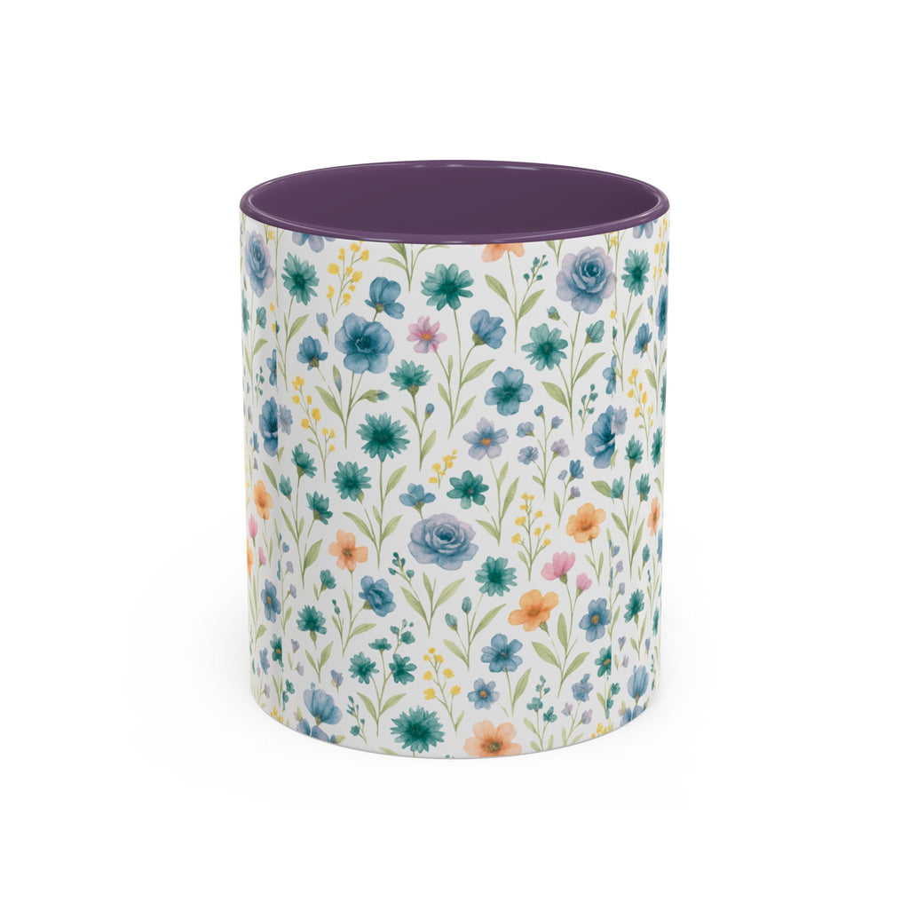 Floral Watercolor Accent Coffee Mug — Blue & Peach Wildflower Pattern (11/15oz)
