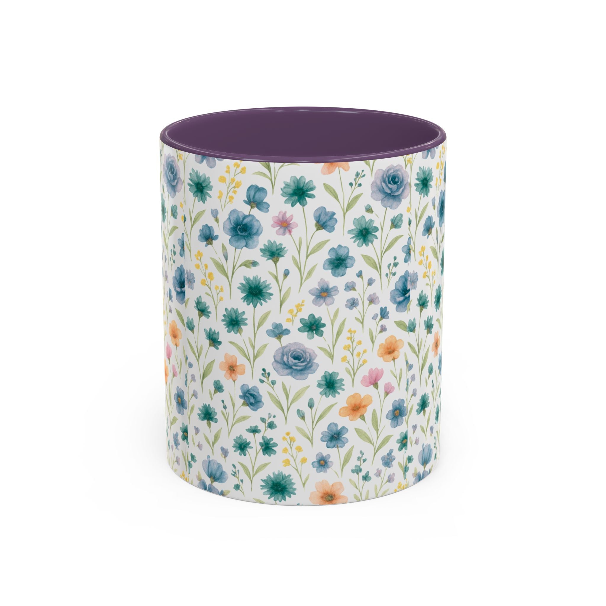Floral Watercolor Accent Coffee Mug — Blue & Peach Wildflower Pattern (11/15oz)