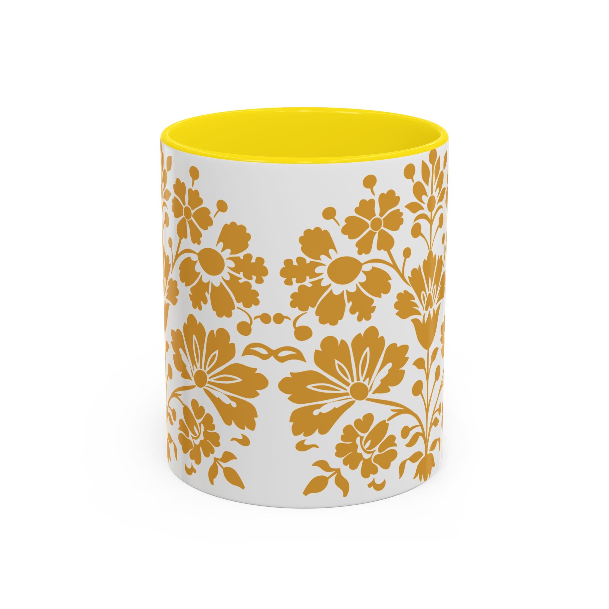 Gold Floral Accent Coffee Mug — Elegant Damask 11/15oz Ceramic