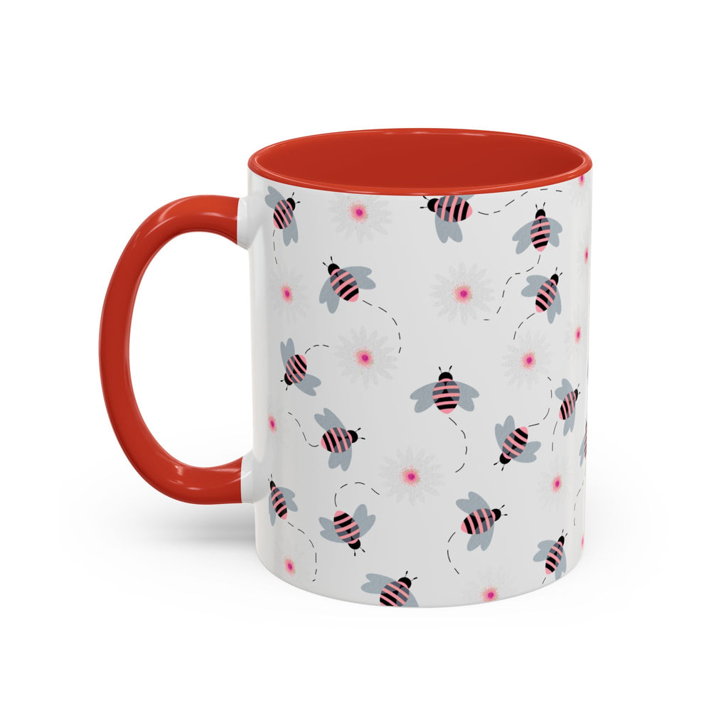 Bee Pattern Accent Coffee Mug — Cute Floral Honeybee Design, 11/15 oz