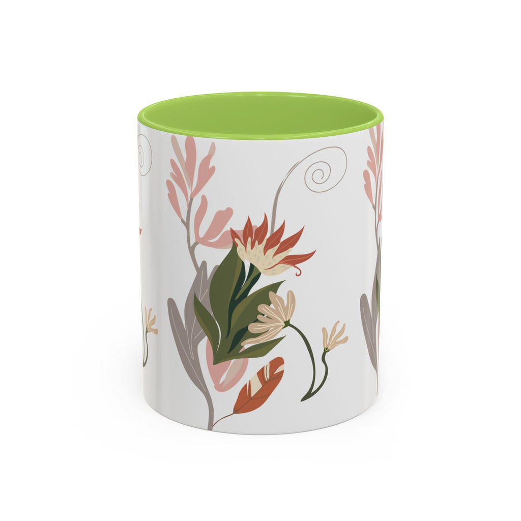 Floral Accent Coffee Mug – Botanical Pink & Green Pattern (11/15oz)