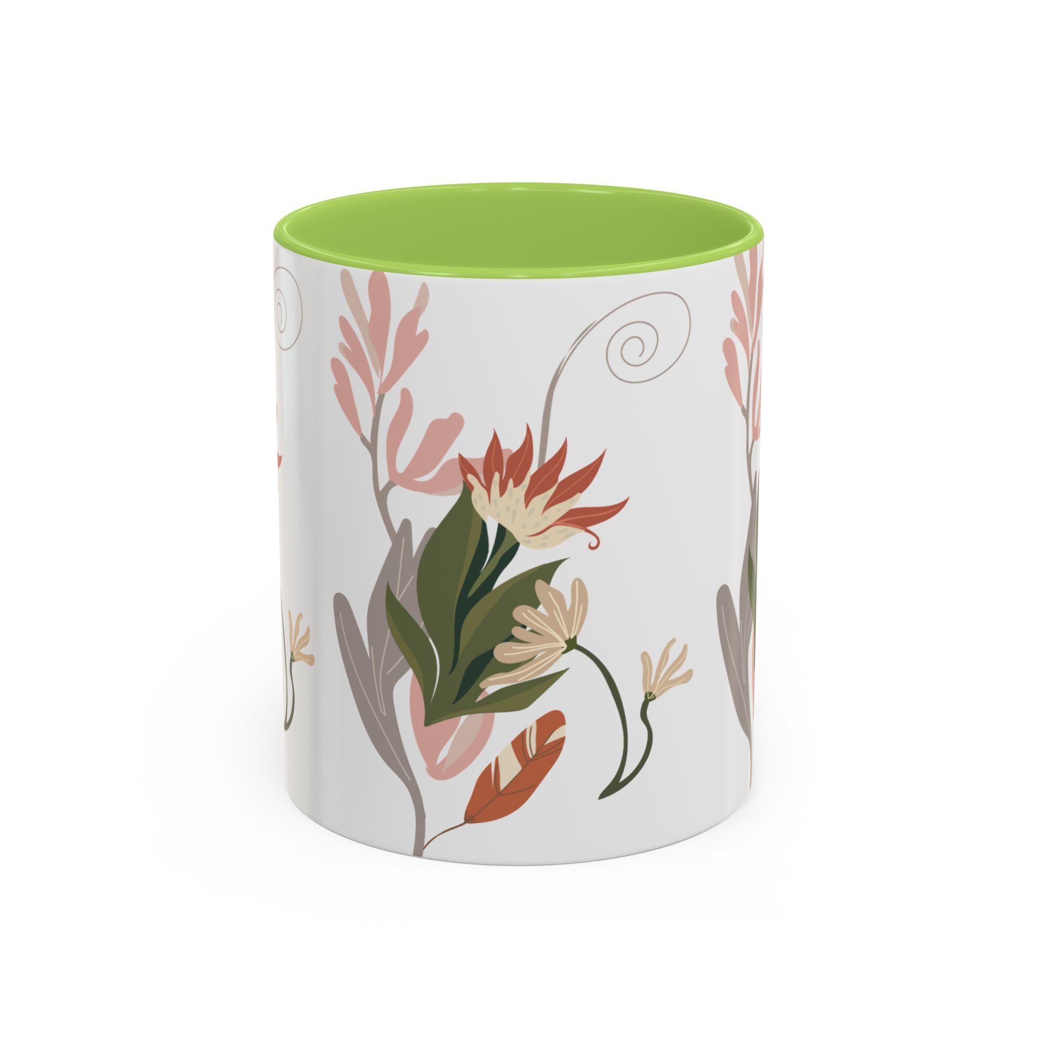Floral Accent Coffee Mug – Botanical Pink & Green Pattern (11/15oz)