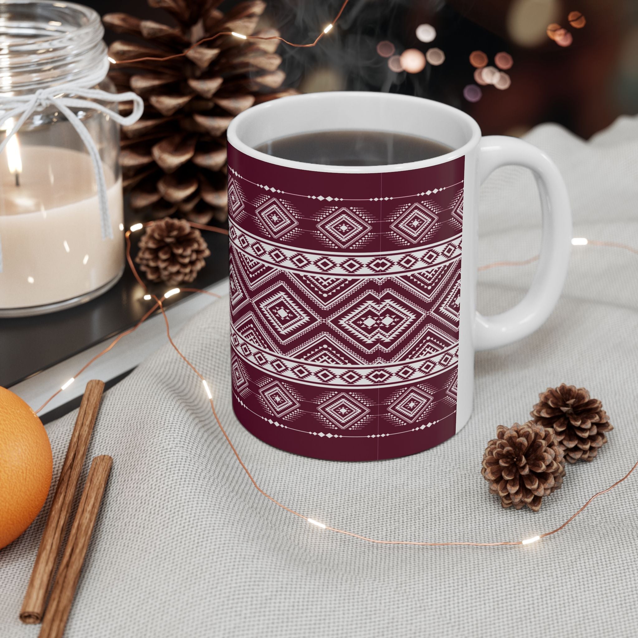 Maroon Aztec Pattern Ceramic Mug – Geometric Tribal Coffee Cup (11oz/15oz)