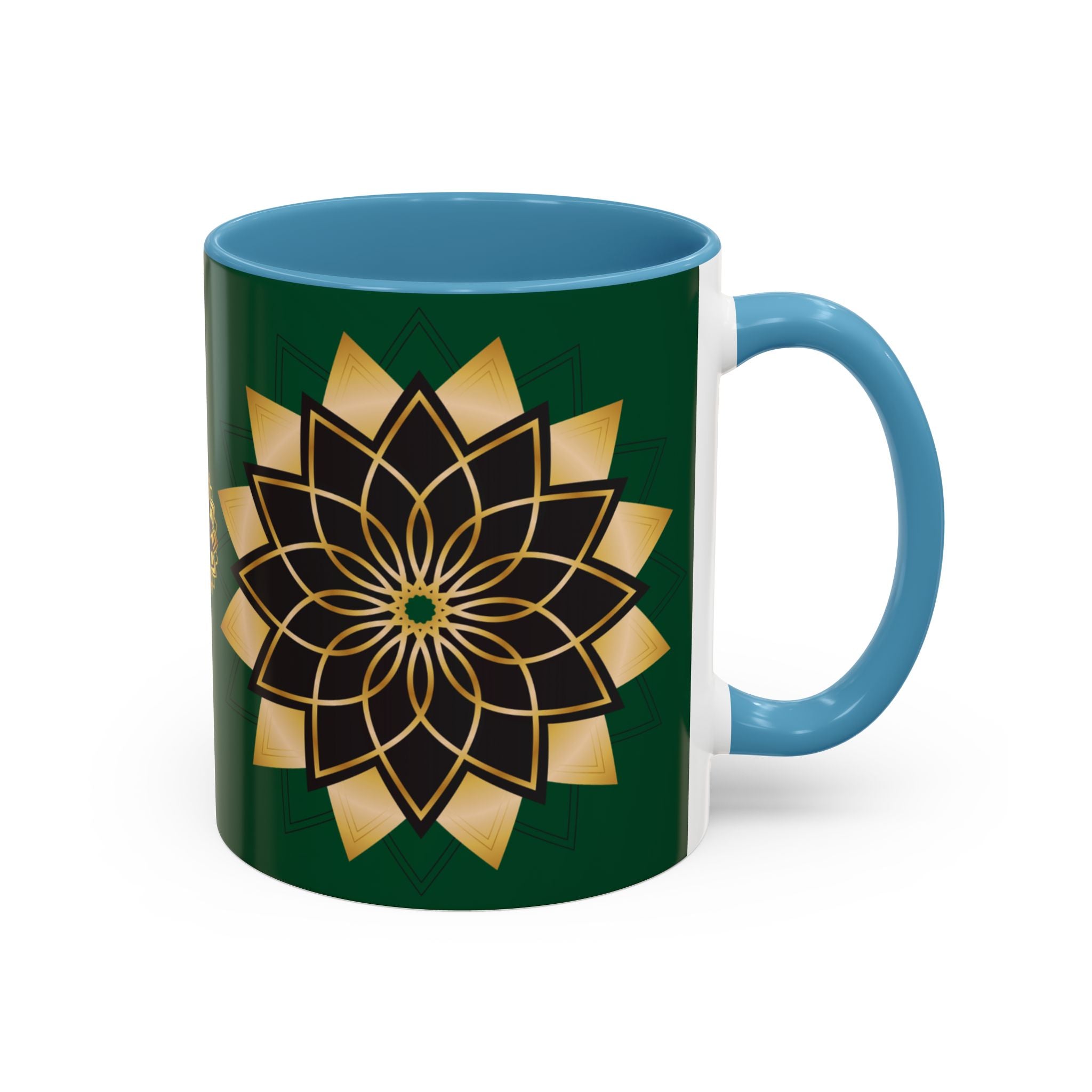 Gold Mandala Accent Coffee Mug — Elegant Green & Black Ceramic 11/15oz