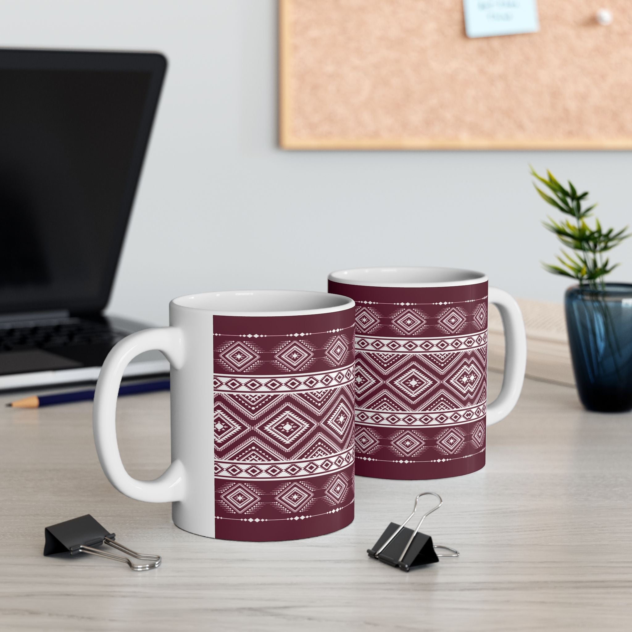 Maroon Aztec Pattern Ceramic Mug – Geometric Tribal Coffee Cup (11oz/15oz)