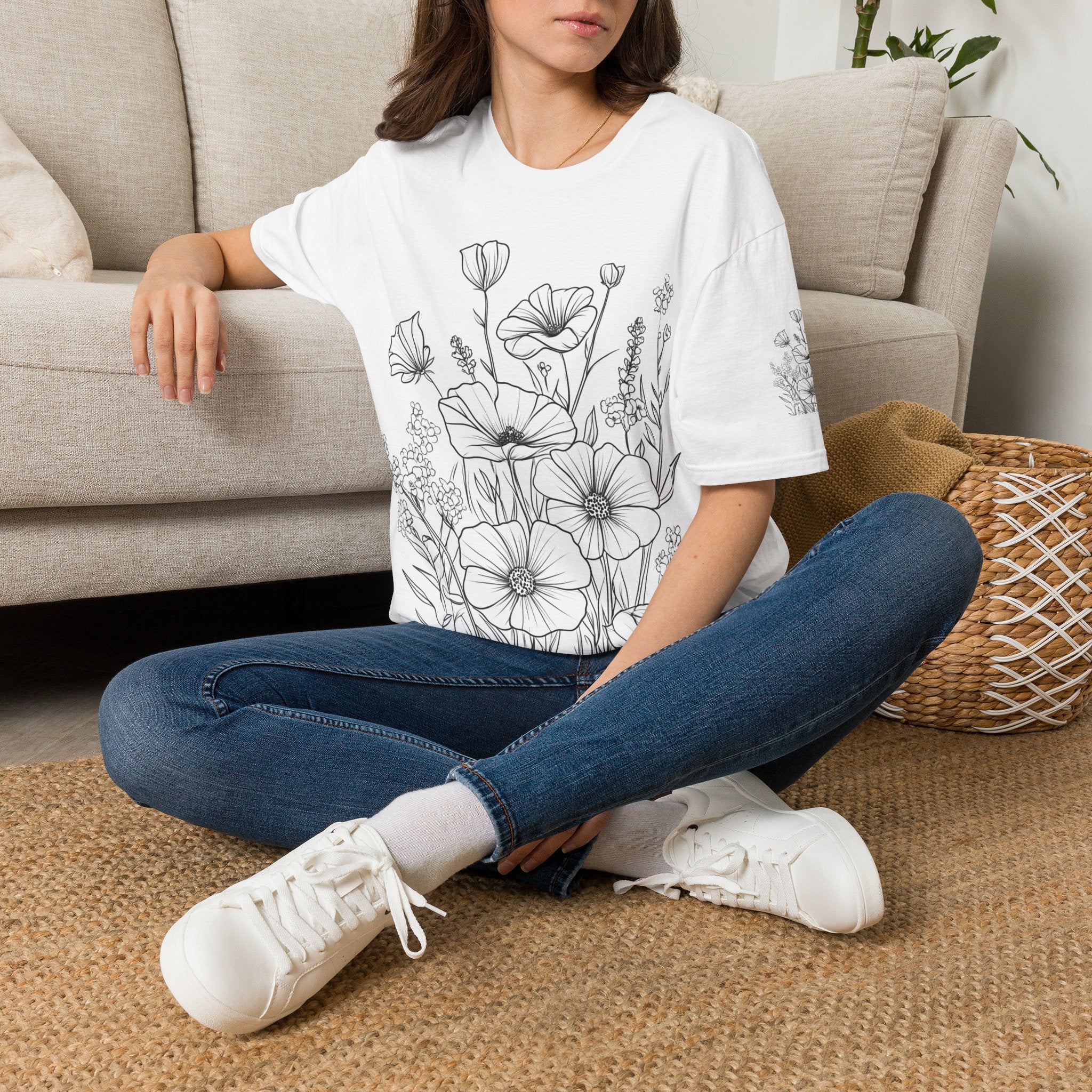 Floral Outline Tee — Black Line Poppy & Wildflower Graphic T-Shirt