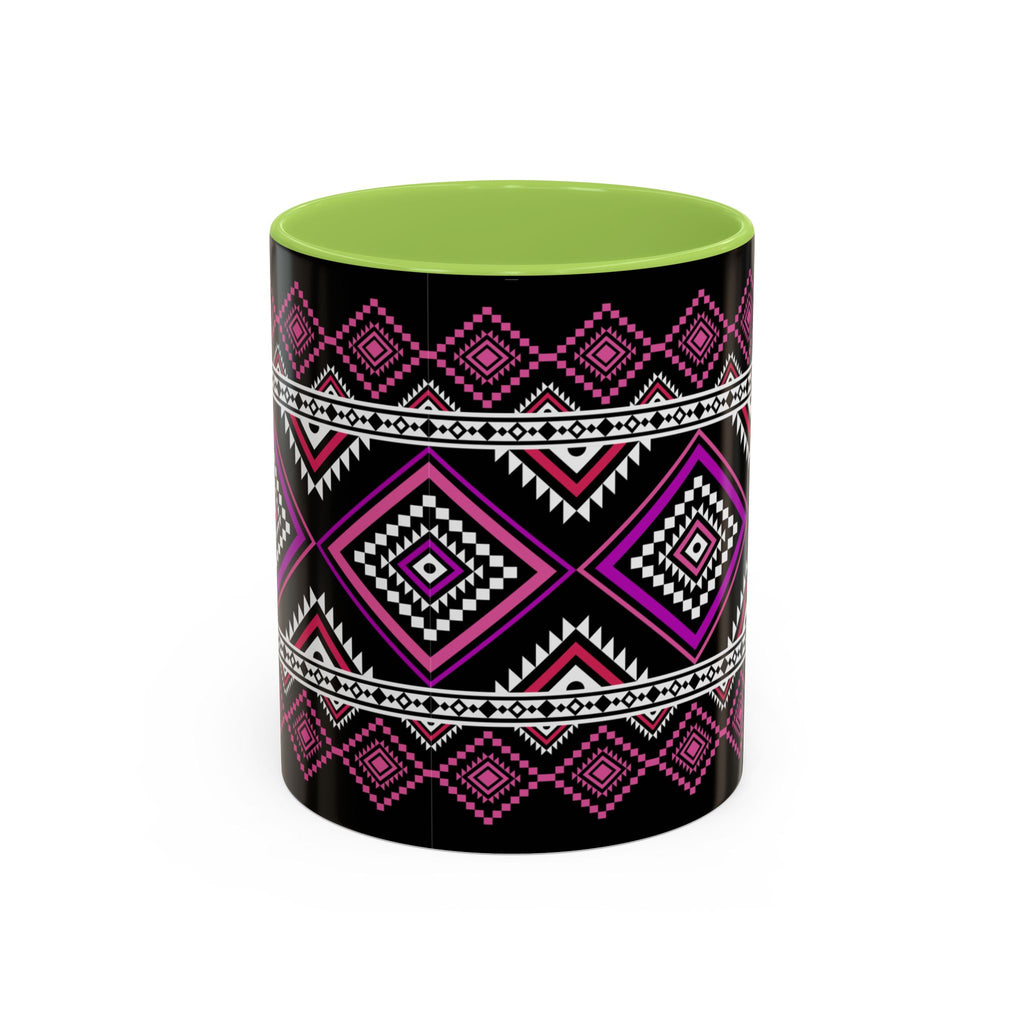 Geometric Aztec Accent Coffee Mug — Pink & Black Tribal Pattern (11/15oz)