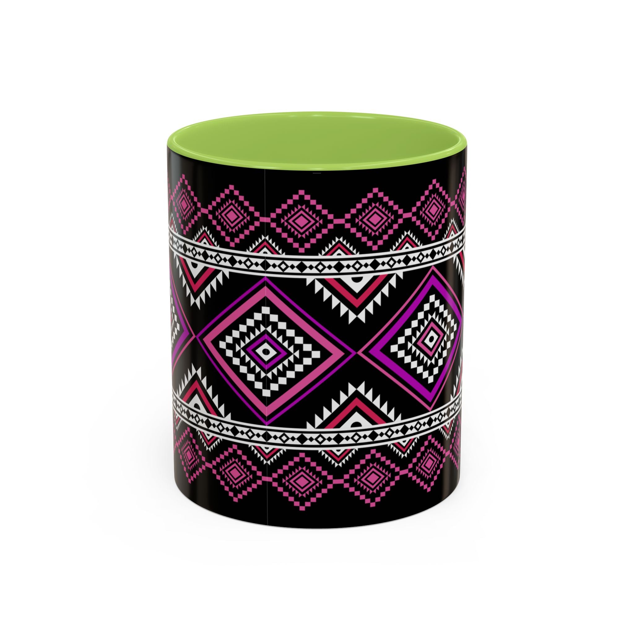 Geometric Aztec Accent Coffee Mug — Pink & Black Tribal Pattern (11/15oz)