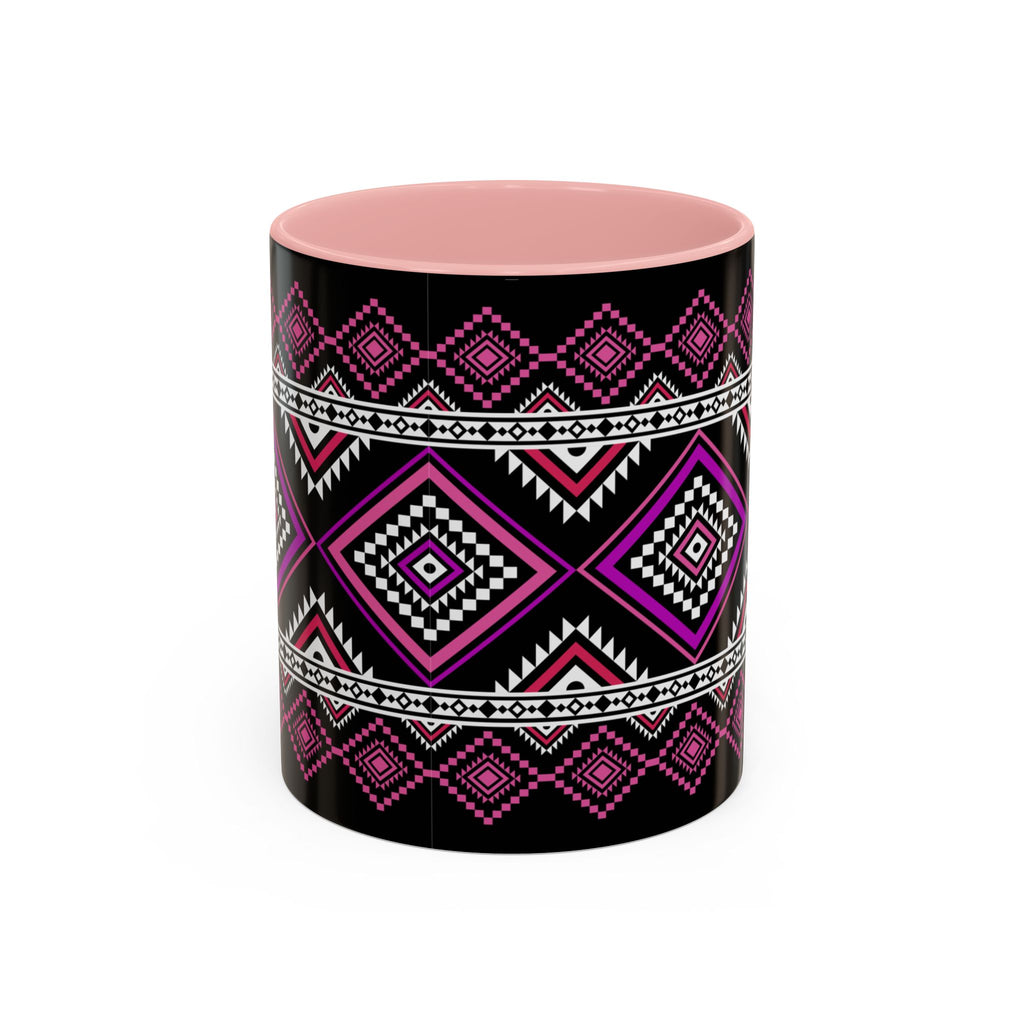 Geometric Aztec Accent Coffee Mug — Pink & Black Tribal Pattern (11/15oz)