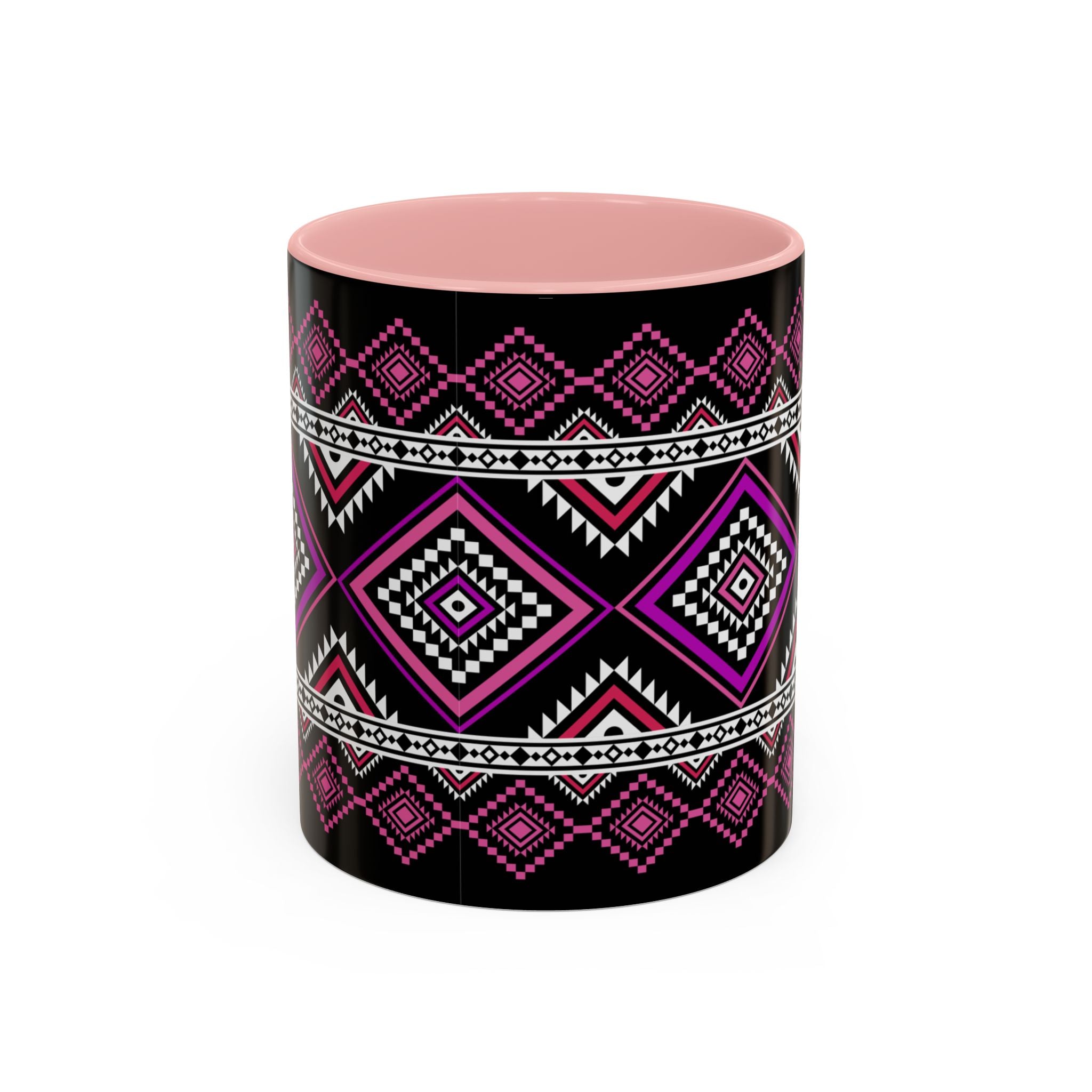 Geometric Aztec Accent Coffee Mug — Pink & Black Tribal Pattern (11/15oz)