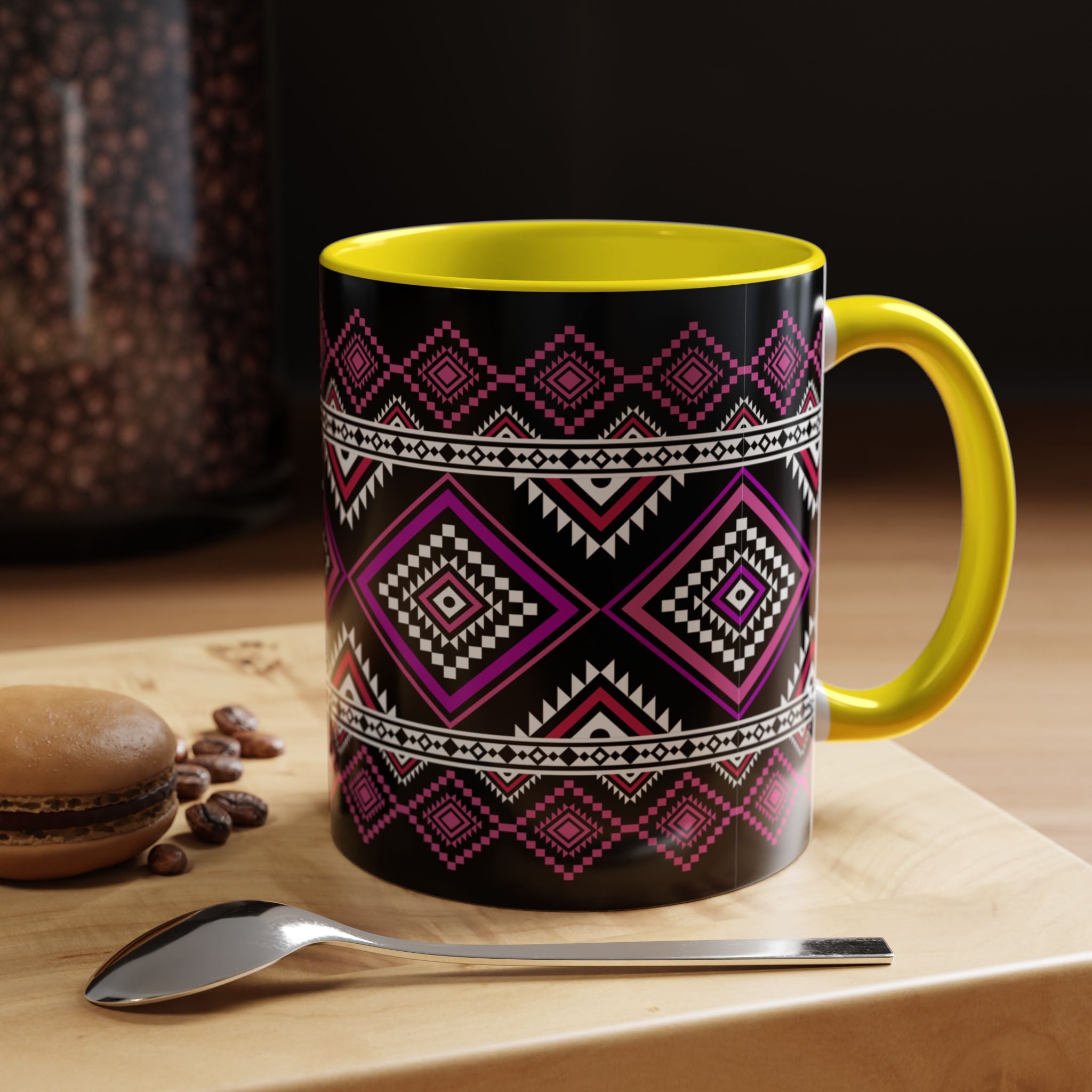 Geometric Aztec Accent Coffee Mug — Pink & Black Tribal Pattern (11/15oz)