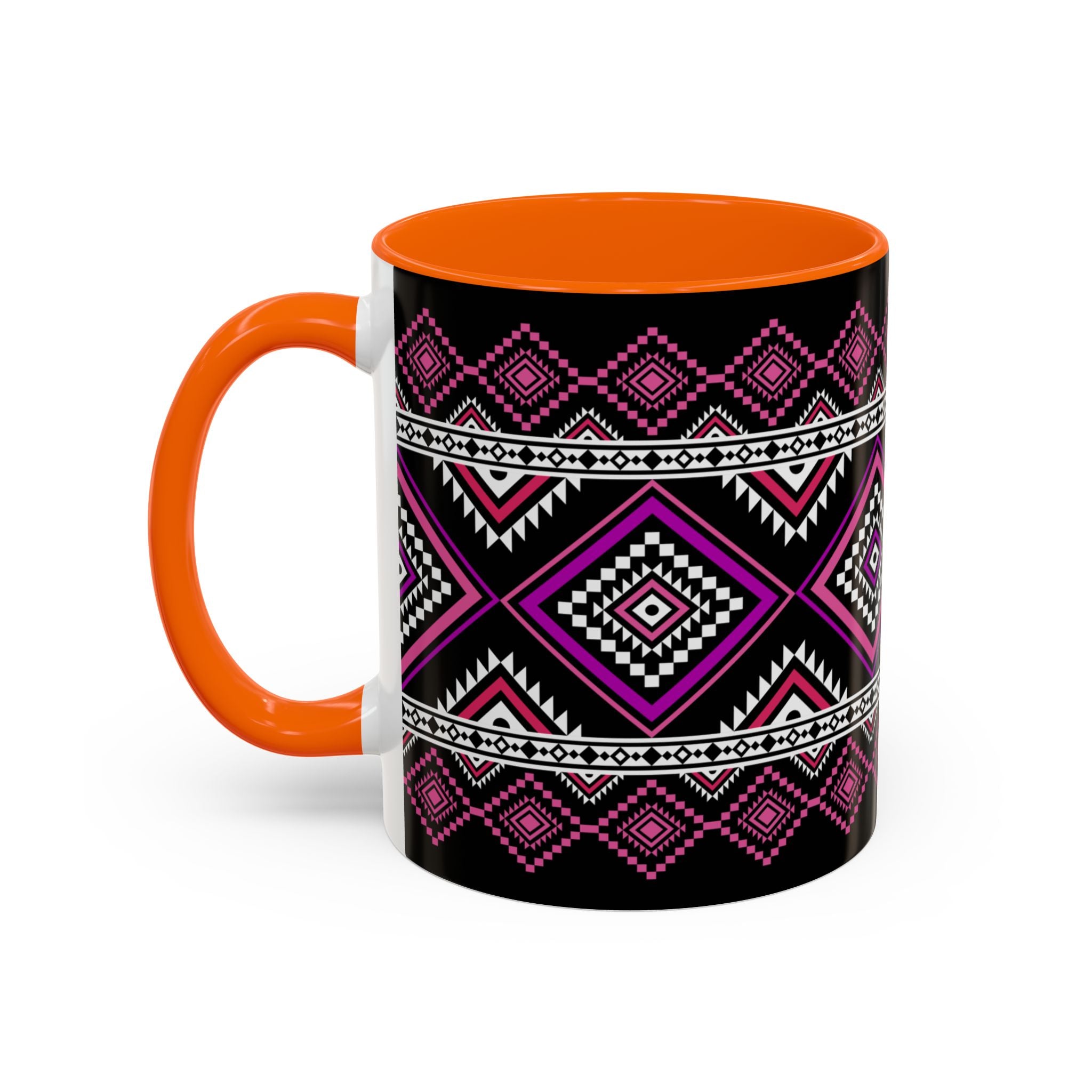 Geometric Aztec Accent Coffee Mug — Pink & Black Tribal Pattern (11/15oz)