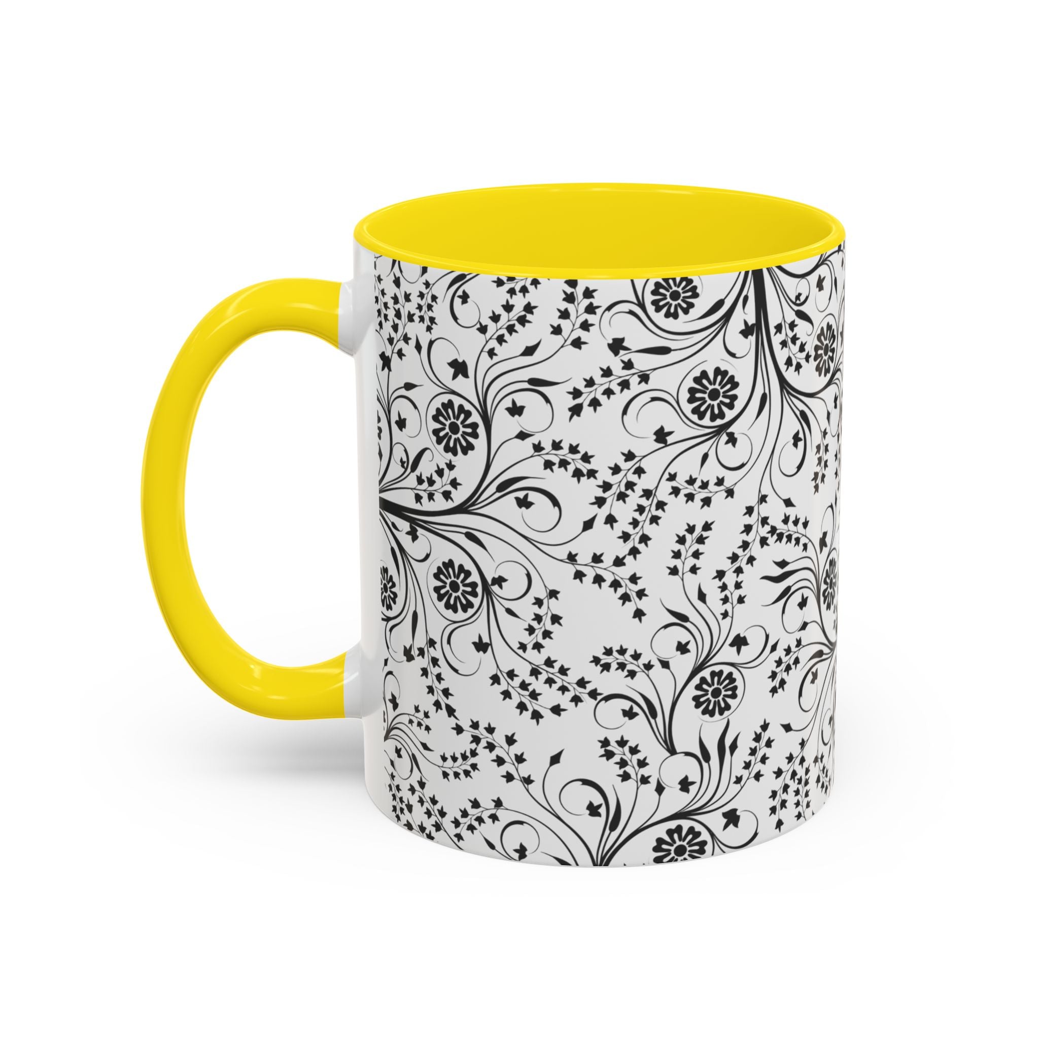 Black Floral Accent Coffee Mug — Elegant Swirl Pattern (11/15oz)