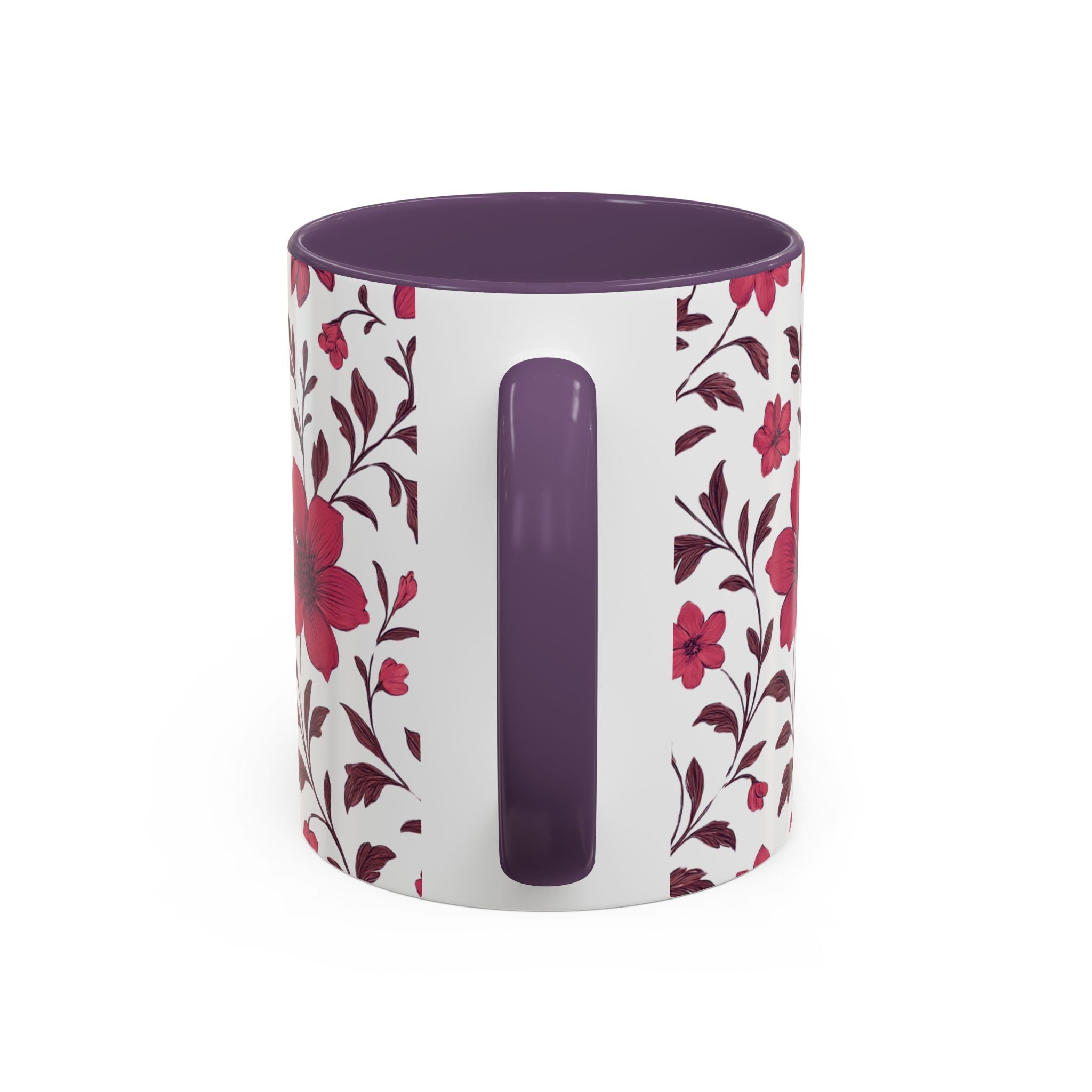 Floral Burgundy Accent Coffee Mug — Pink Blossom Pattern, 11/15oz