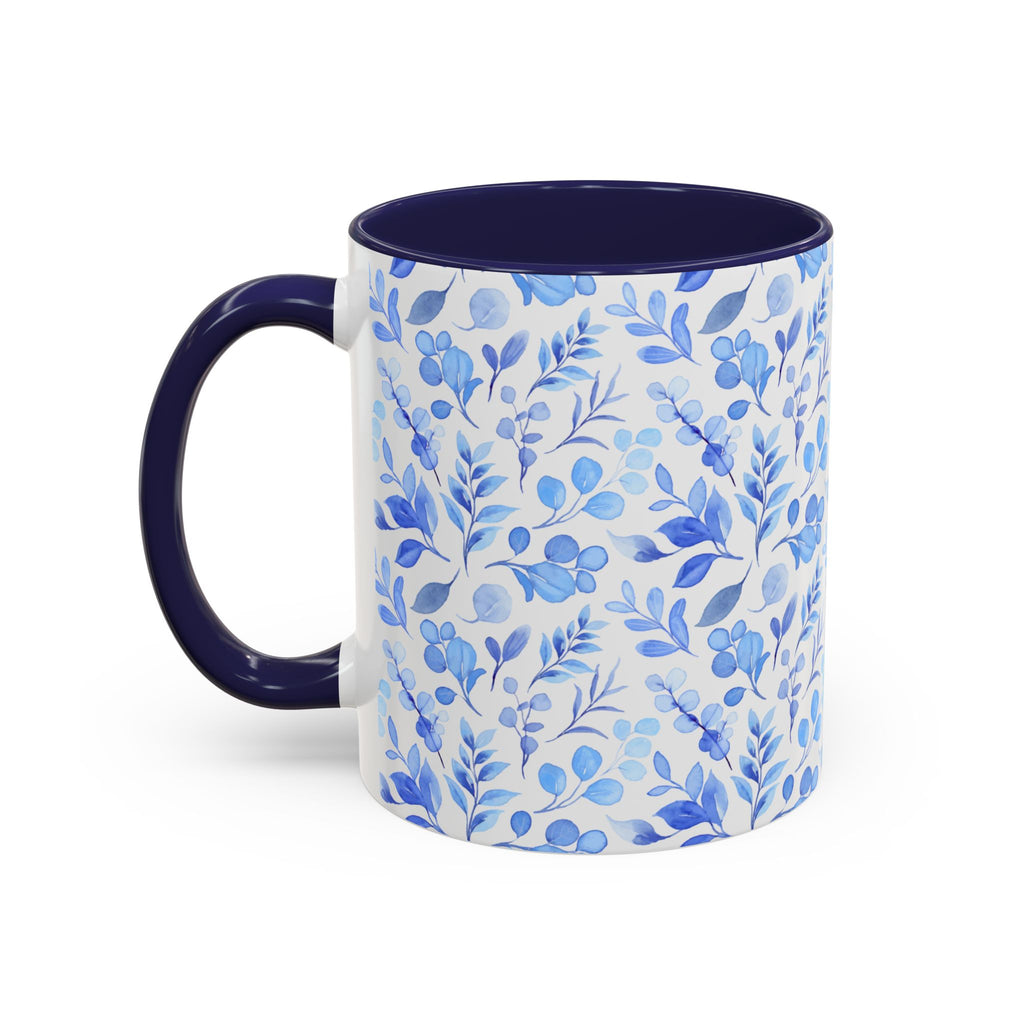 Blue Watercolor Floral Coffee Mug — Accent Handle & Interior
