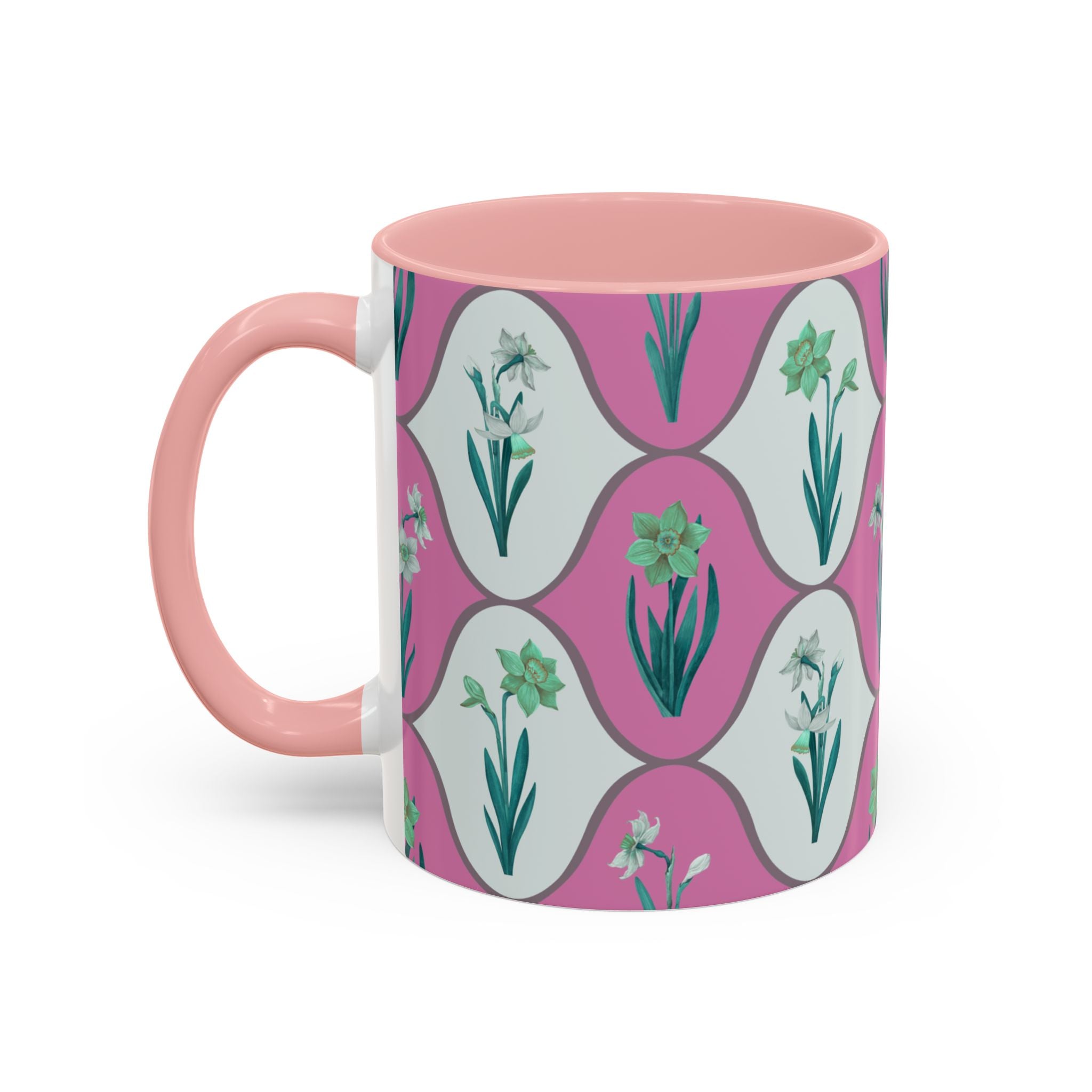 Floral Wave Accent Coffee Mug – Pink Retro Daffodil Pattern (11/15oz)