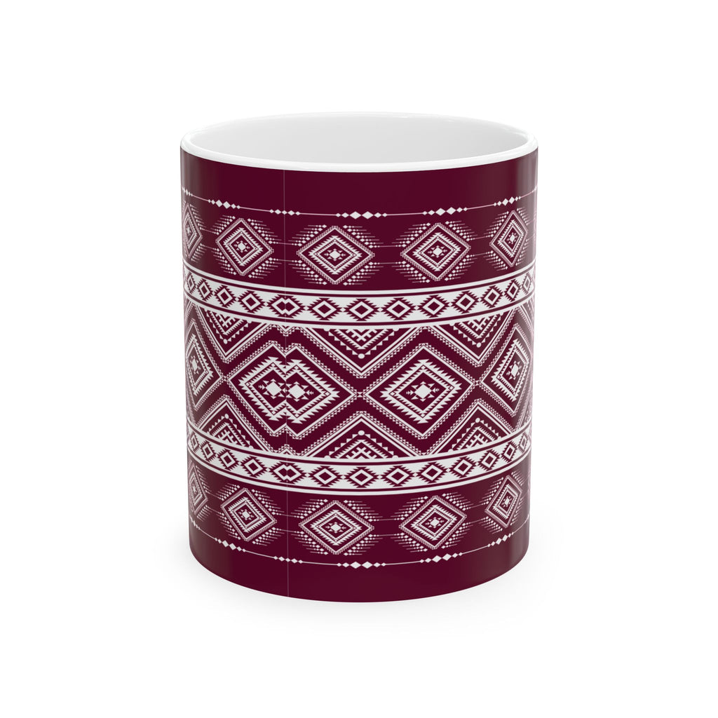 Maroon Aztec Pattern Ceramic Mug – Geometric Tribal Coffee Cup (11oz/15oz)