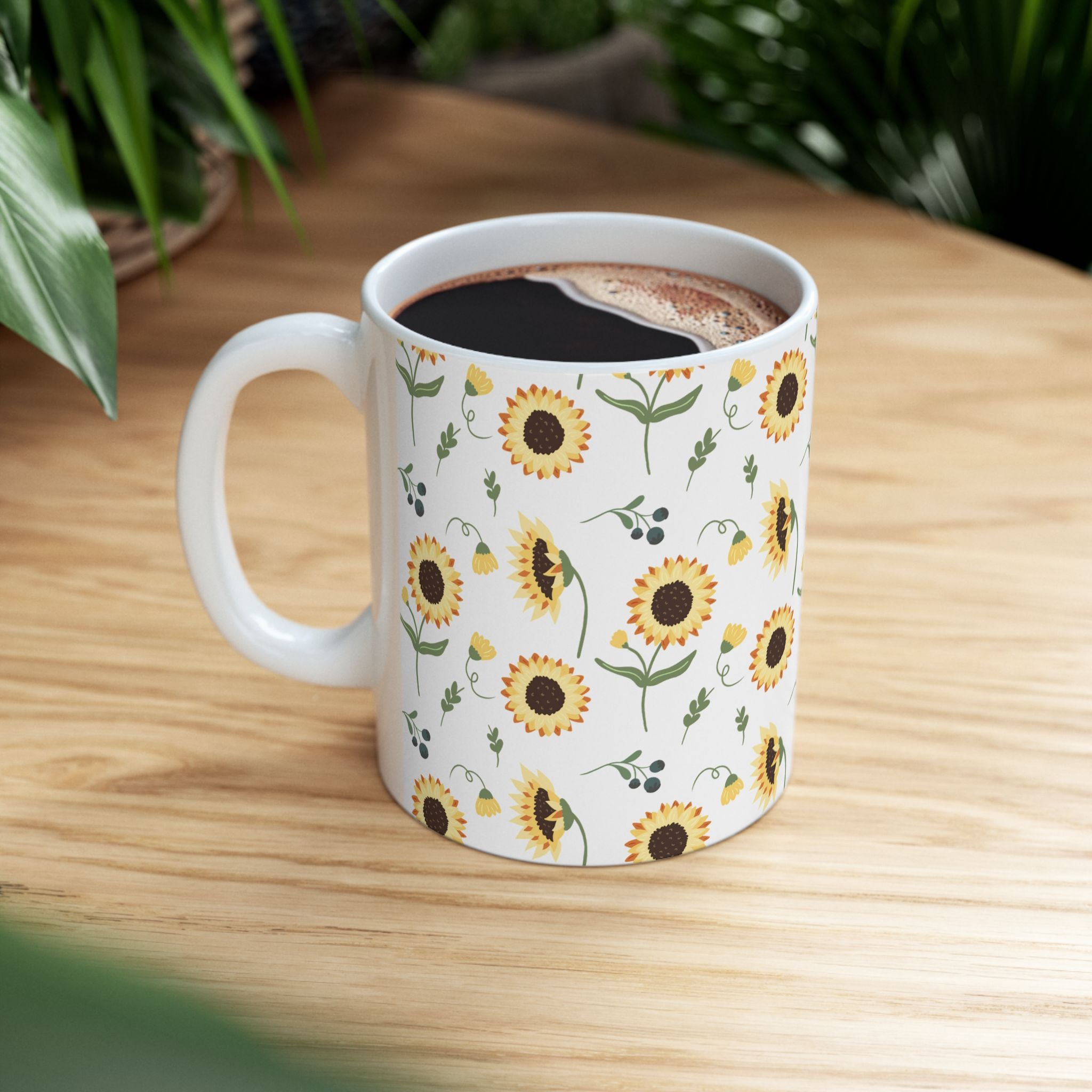 Sunflower Pattern Ceramic Mug — Floral Coffee Tea Cup (11oz, 15oz)