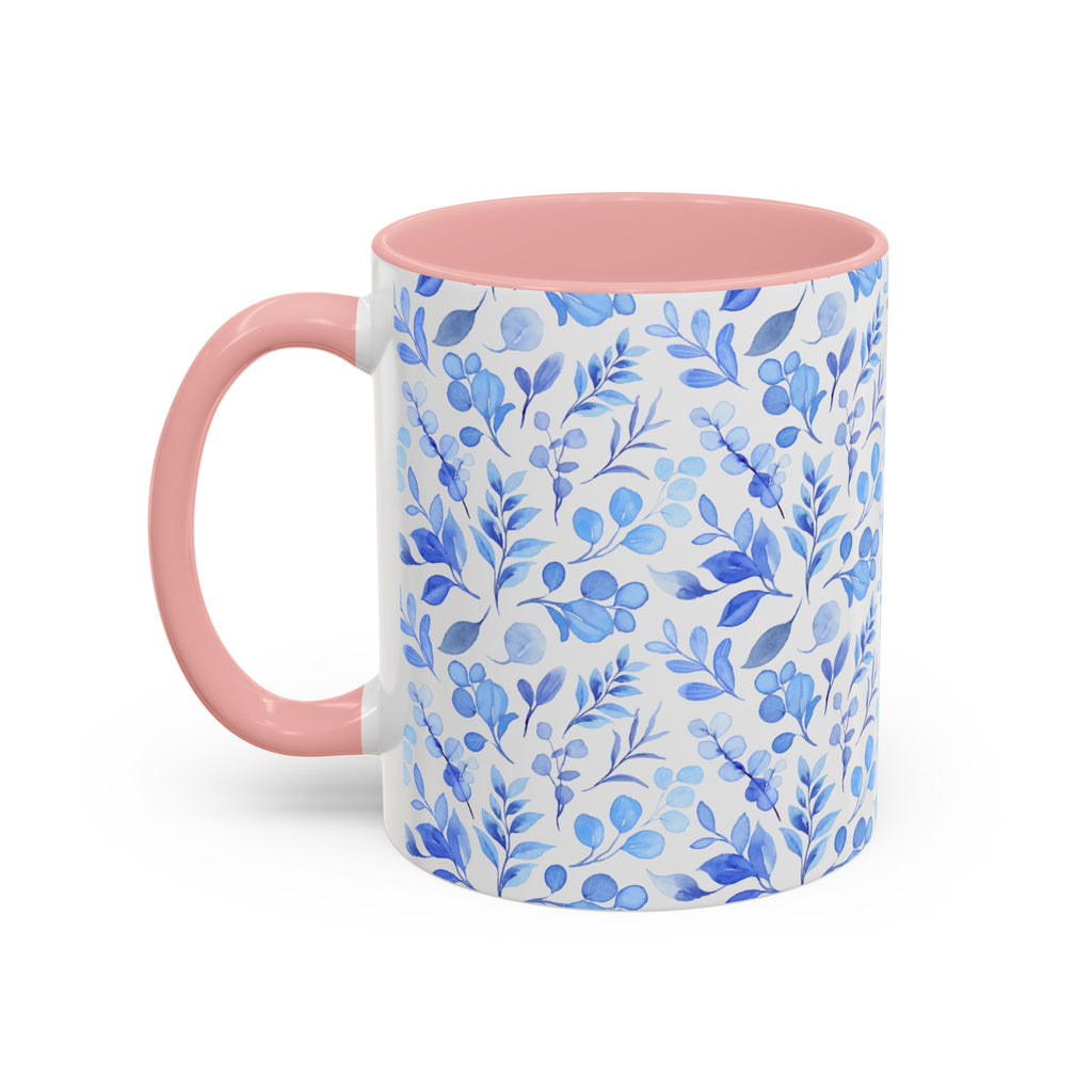 Blue Watercolor Floral Coffee Mug — Accent Handle & Interior
