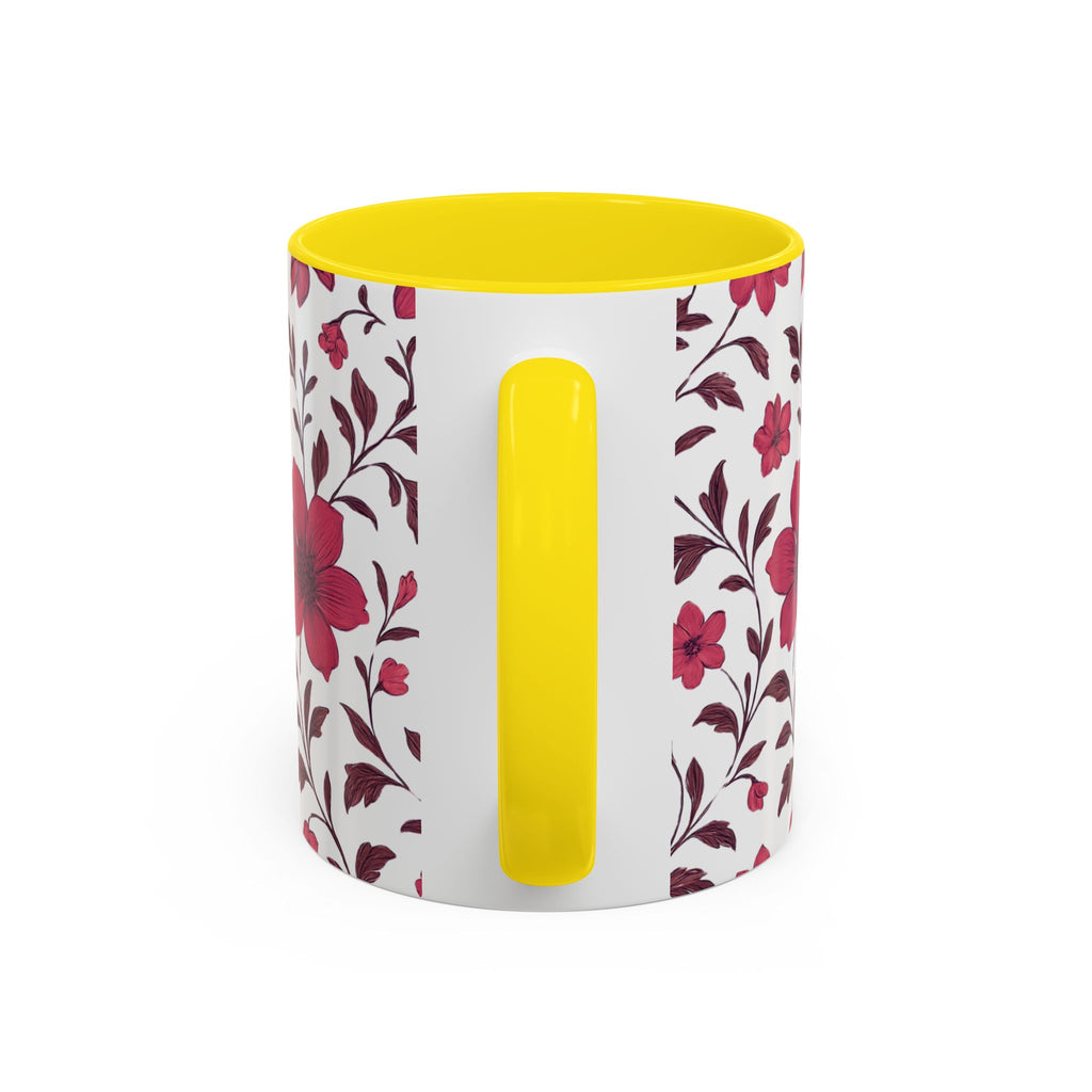 Floral Burgundy Accent Coffee Mug — Pink Blossom Pattern, 11/15oz