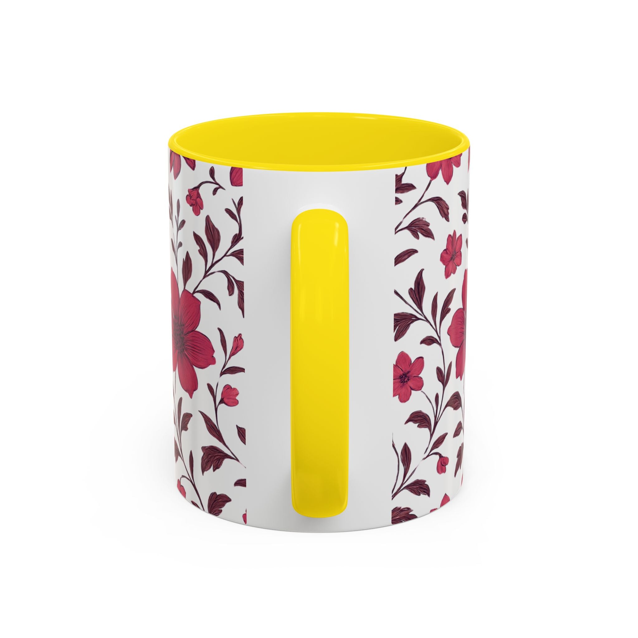 Floral Burgundy Accent Coffee Mug — Pink Blossom Pattern, 11/15oz