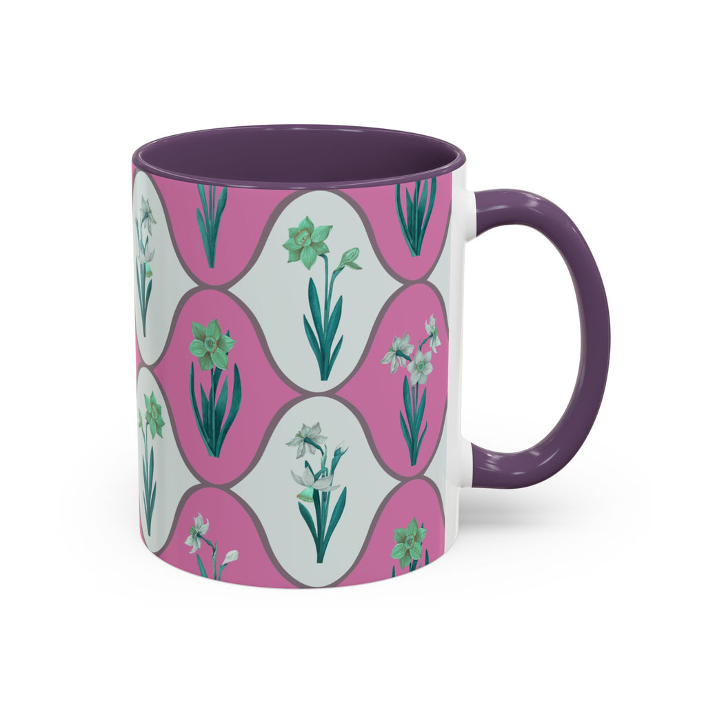 Floral Wave Accent Coffee Mug – Pink Retro Daffodil Pattern (11/15oz)
