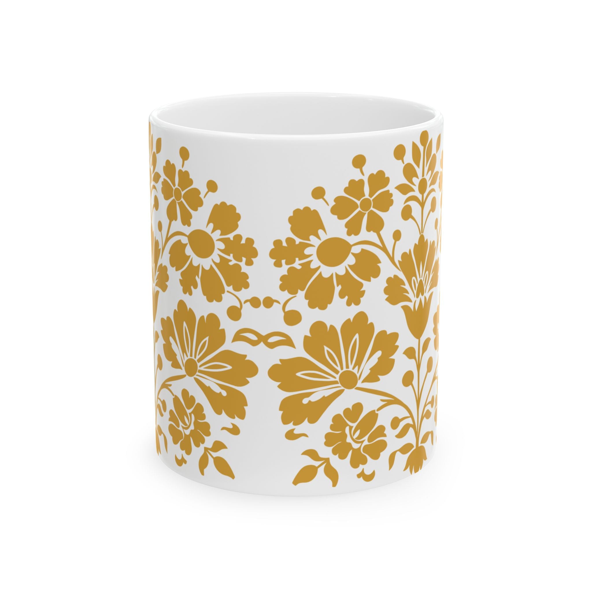 Golden Floral Ceramic Mug – Vintage Daisy Pattern Coffee Cup (11oz, 15oz)