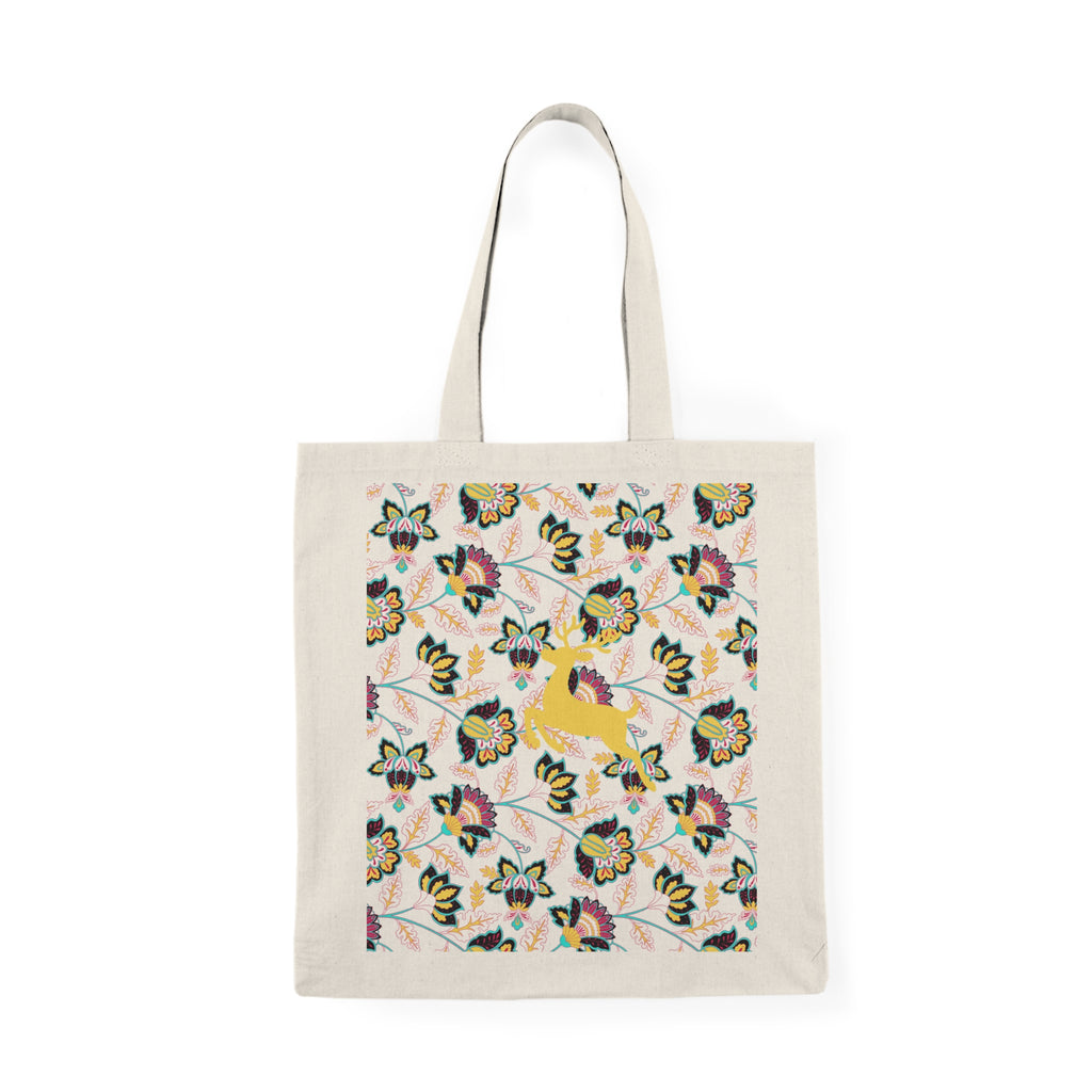 Floral Fox Natural Tote Bag - Cute Yellow Fox on Vintage Flower Pattern