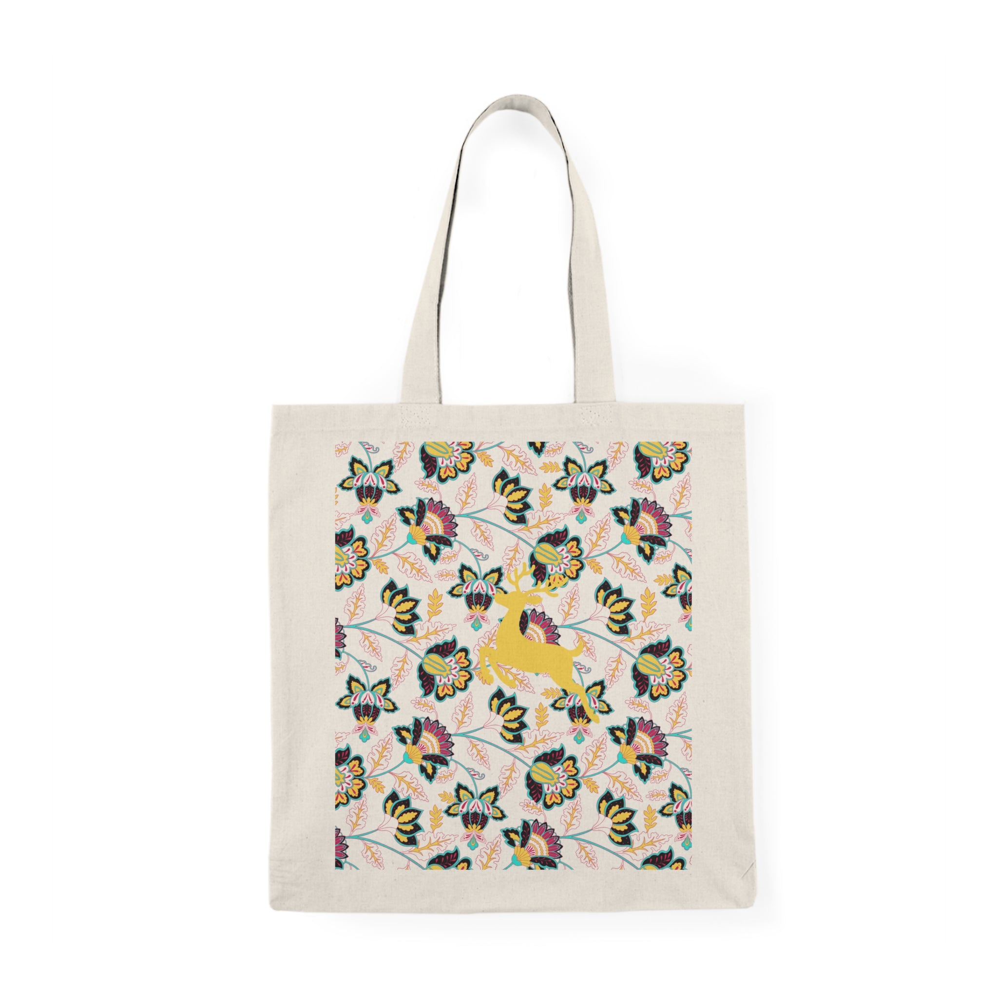 Floral Fox Natural Tote Bag - Cute Yellow Fox on Vintage Flower Pattern