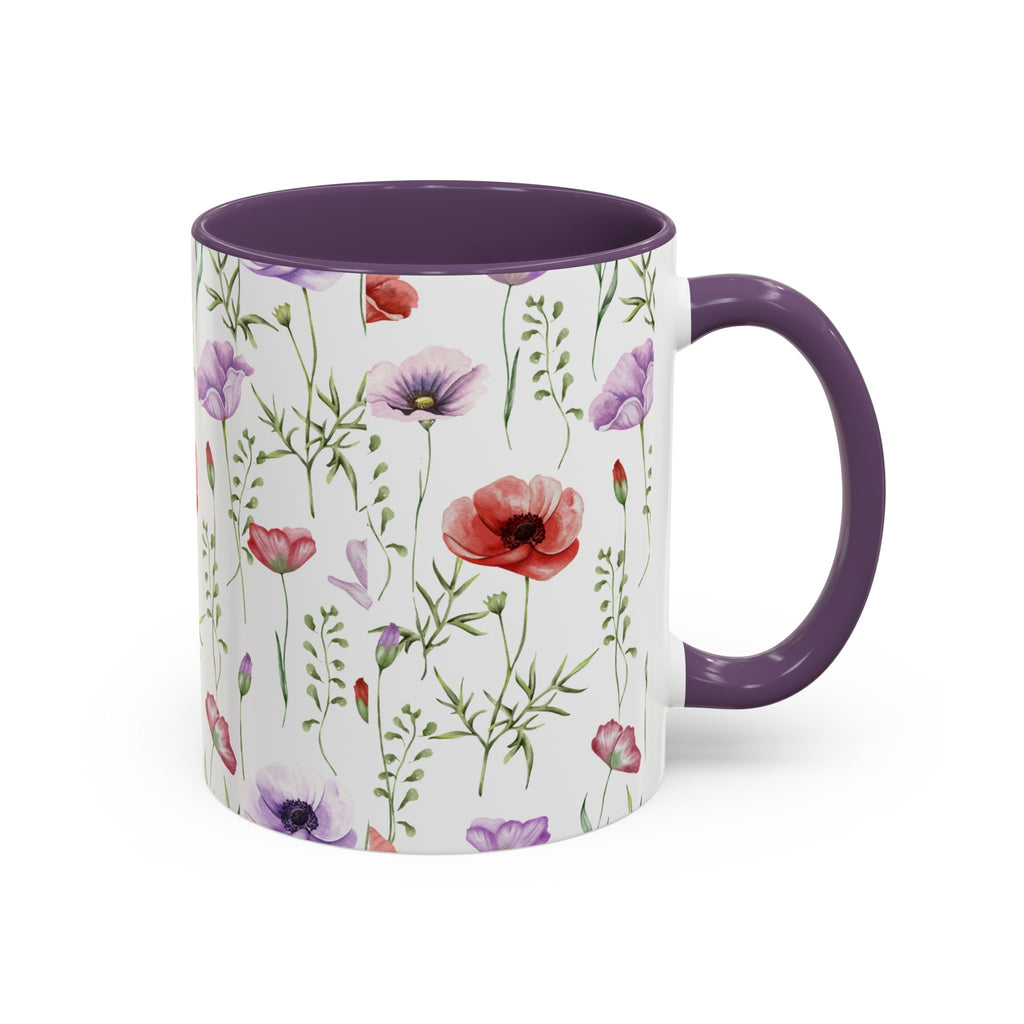 Floral Watercolor Accent Coffee Mug — Poppy & Wildflower Pattern (11/15oz)