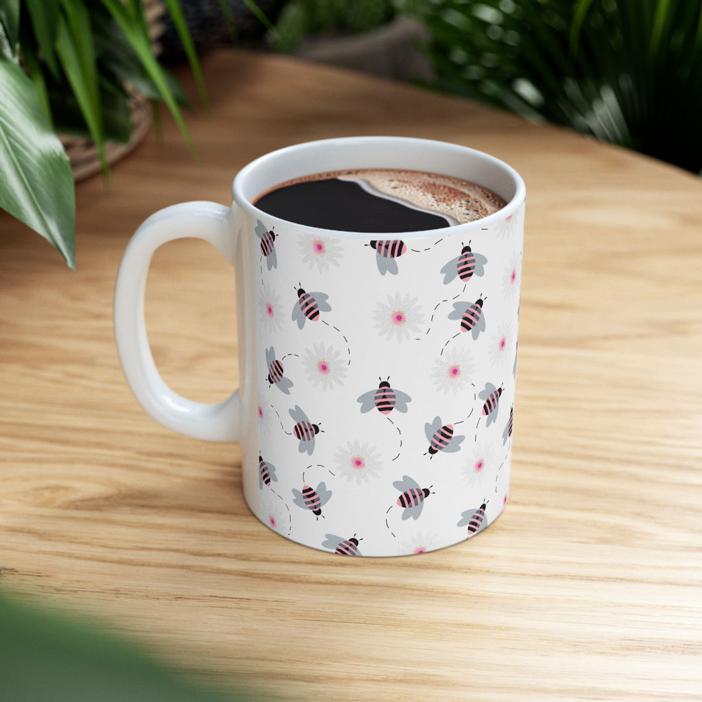 Bee Pattern Ceramic Mug — Cute Striped Bees & Pink Flower Dots, 11oz/15oz
