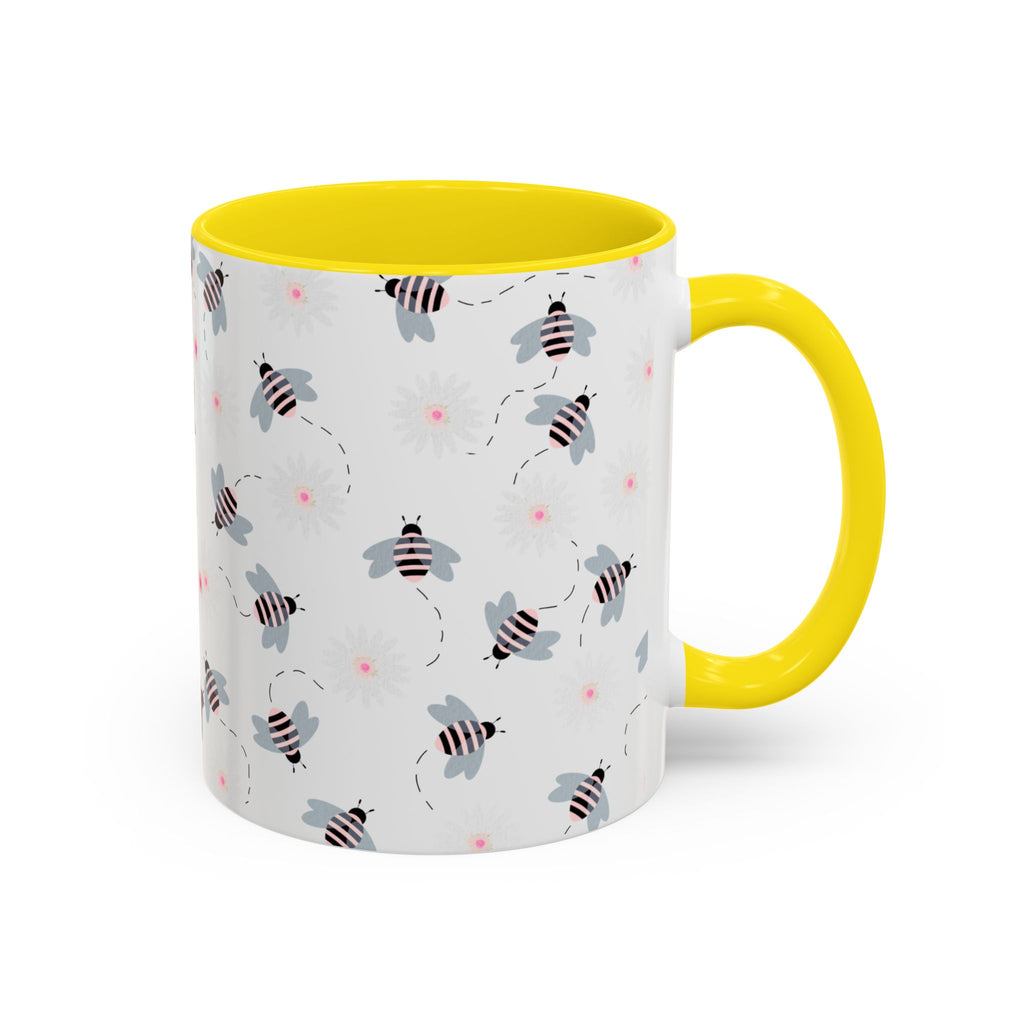 Bee Pattern Accent Coffee Mug — Cute Floral Honeybee Design, 11/15 oz