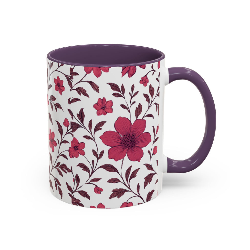 Floral Burgundy Accent Coffee Mug — Pink Blossom Pattern, 11/15oz